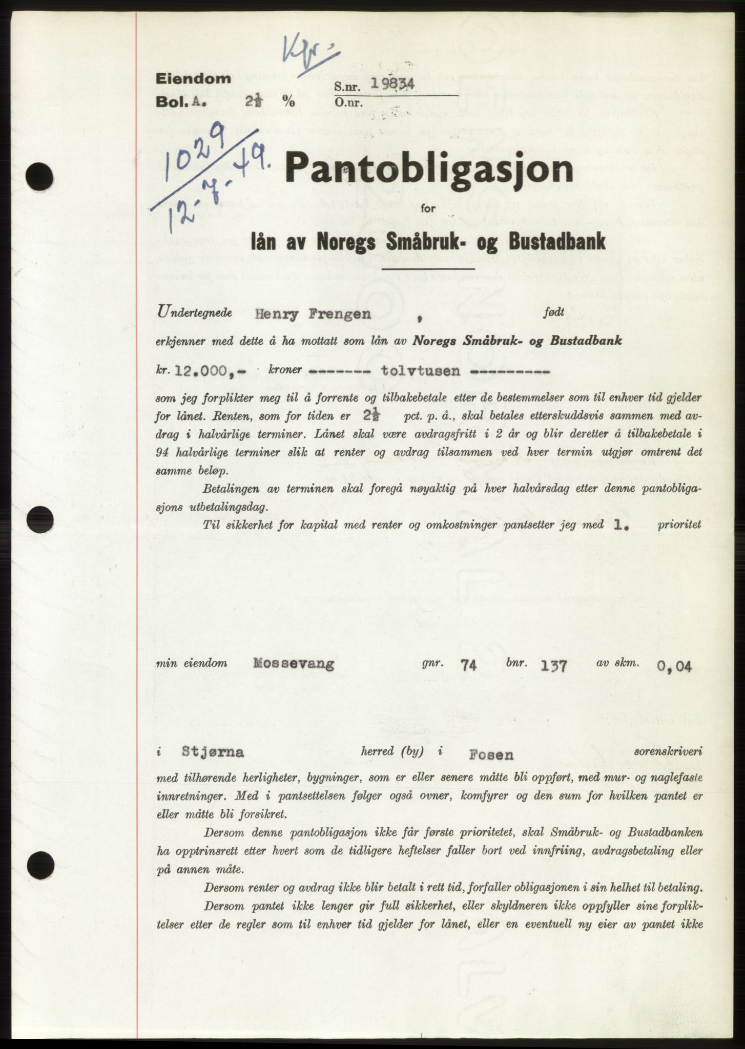 Fosen sorenskriveri, AV/SAT-A-1107/1/2/2C: Mortgage book no. B, 1948-1950, Diary no: : 1029/1949