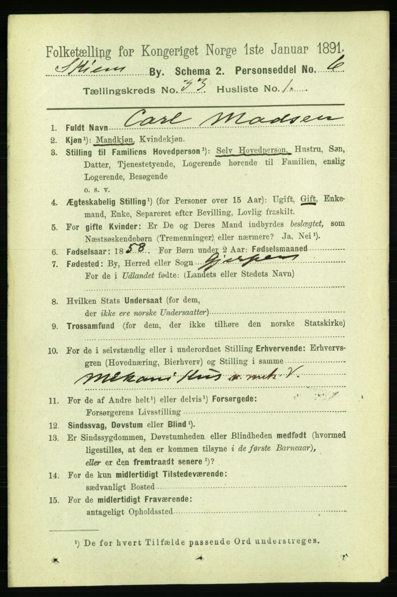 RA, 1891 census for 0806 Skien, 1891, p. 7496