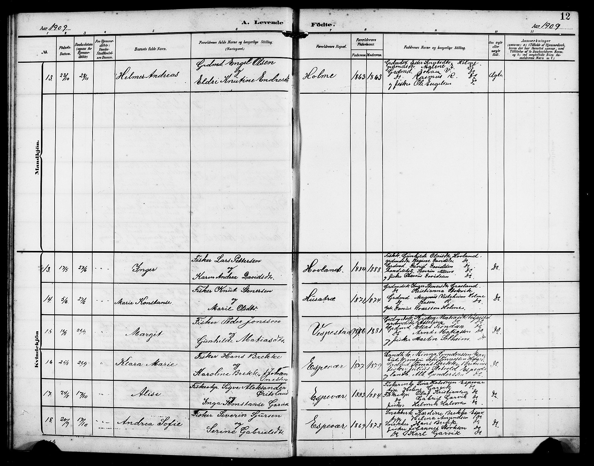 Finnås sokneprestembete, AV/SAB-A-99925/H/Ha/Hab/Habc/L0003: Parish register (copy) no. C 3, 1907-1917, p. 12