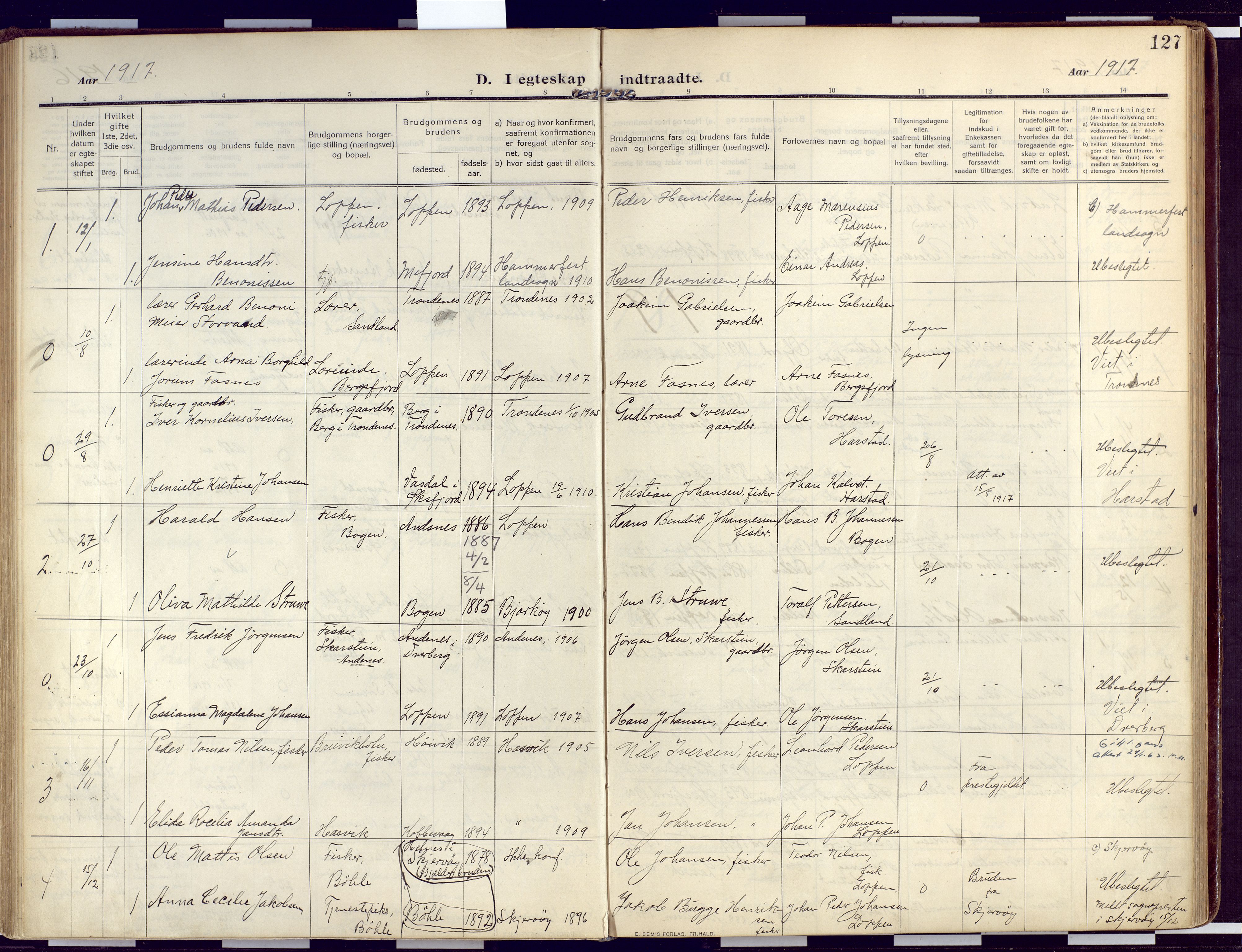Loppa sokneprestkontor, SATØ/S-1339/H/Ha/L0011kirke: Parish register (official) no. 11, 1909-1919, p. 127