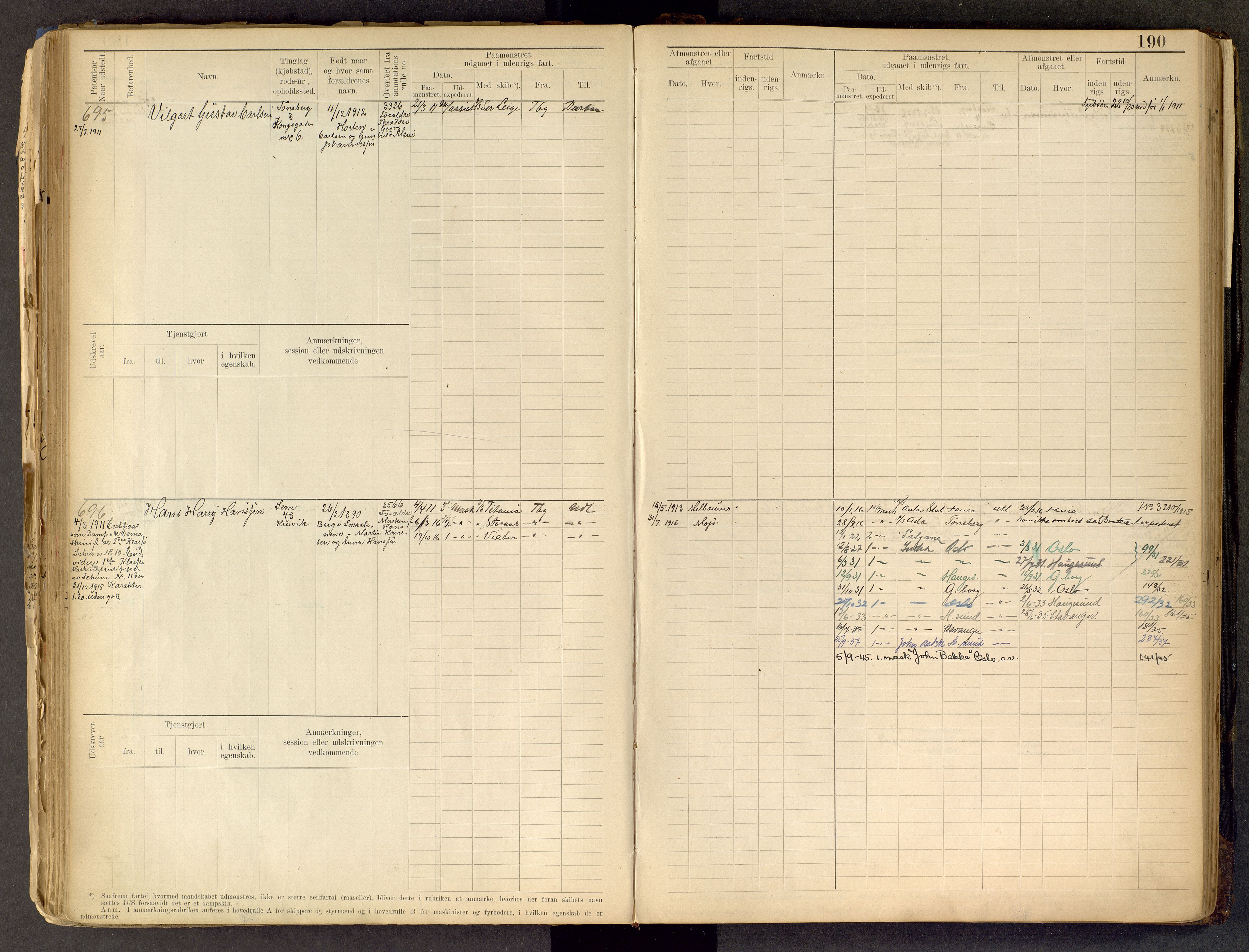 Tønsberg innrulleringskontor, SAKO/A-786/F/Fe/L0002: Maskinist- og fyrbøterrulle Patent nr. 315-1110, 1902-1924, p. 190