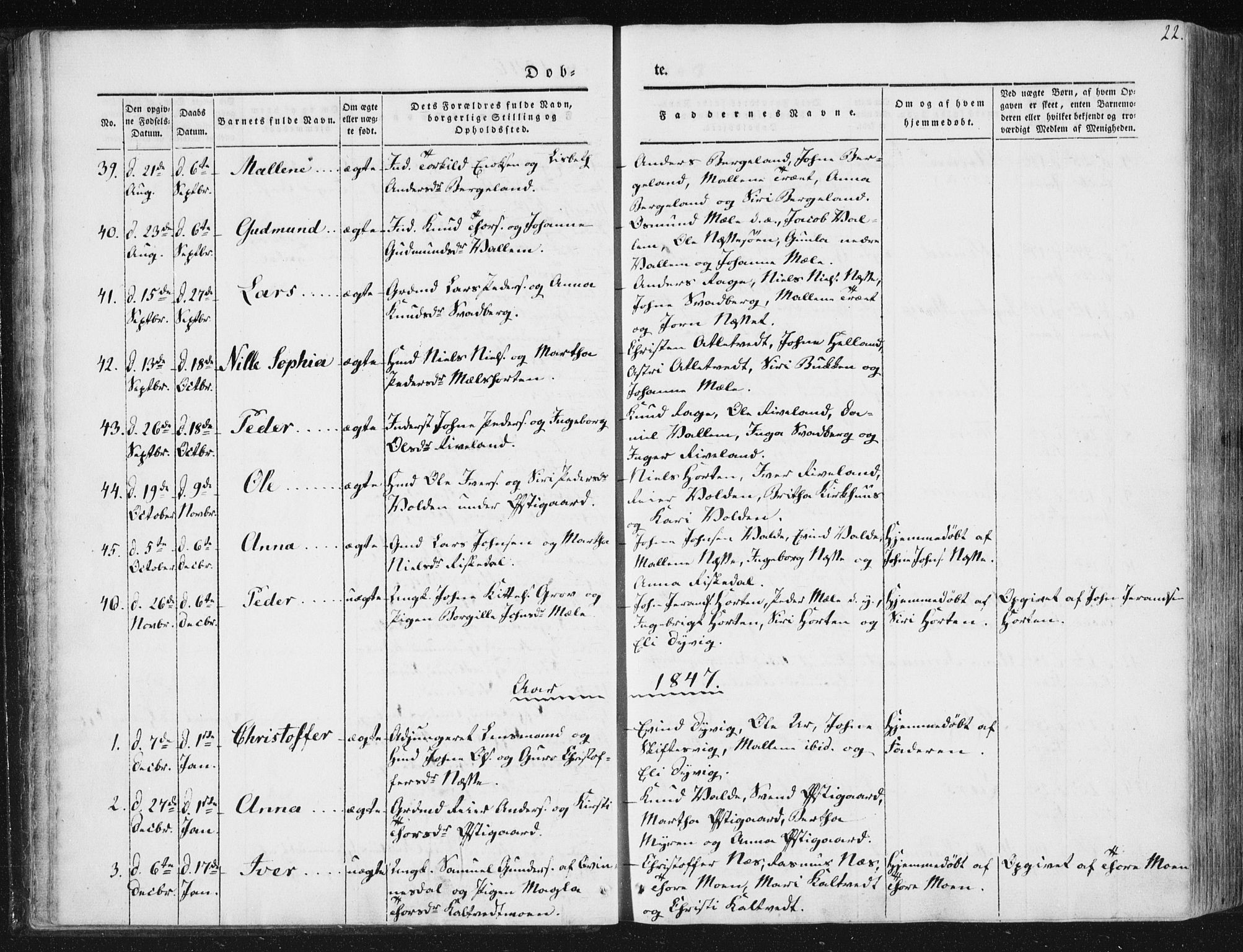 Hjelmeland sokneprestkontor, AV/SAST-A-101843/01/IV/L0008: Parish register (official) no. A 8, 1842-1861, p. 22