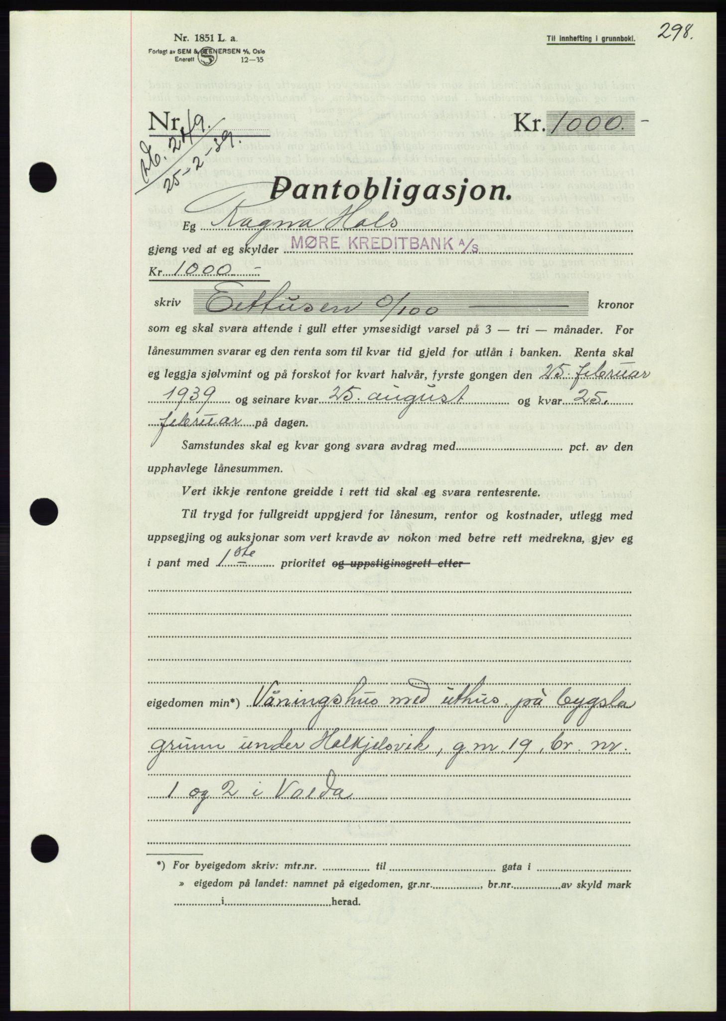Søre Sunnmøre sorenskriveri, AV/SAT-A-4122/1/2/2C/L0067: Mortgage book no. 61, 1938-1939, Diary no: : 249/1939
