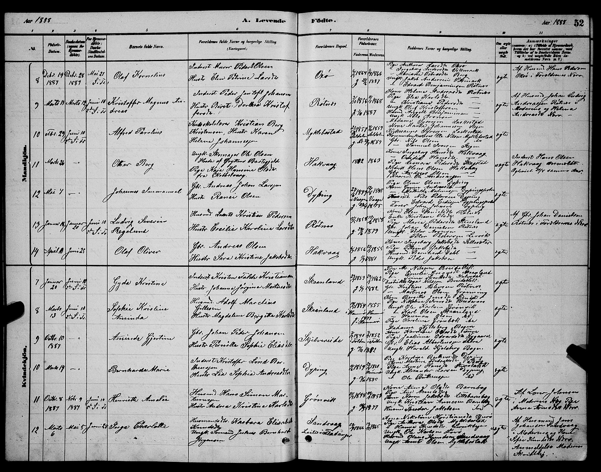 Ministerialprotokoller, klokkerbøker og fødselsregistre - Nordland, SAT/A-1459/855/L0816: Parish register (copy) no. 855C05, 1879-1894, p. 52