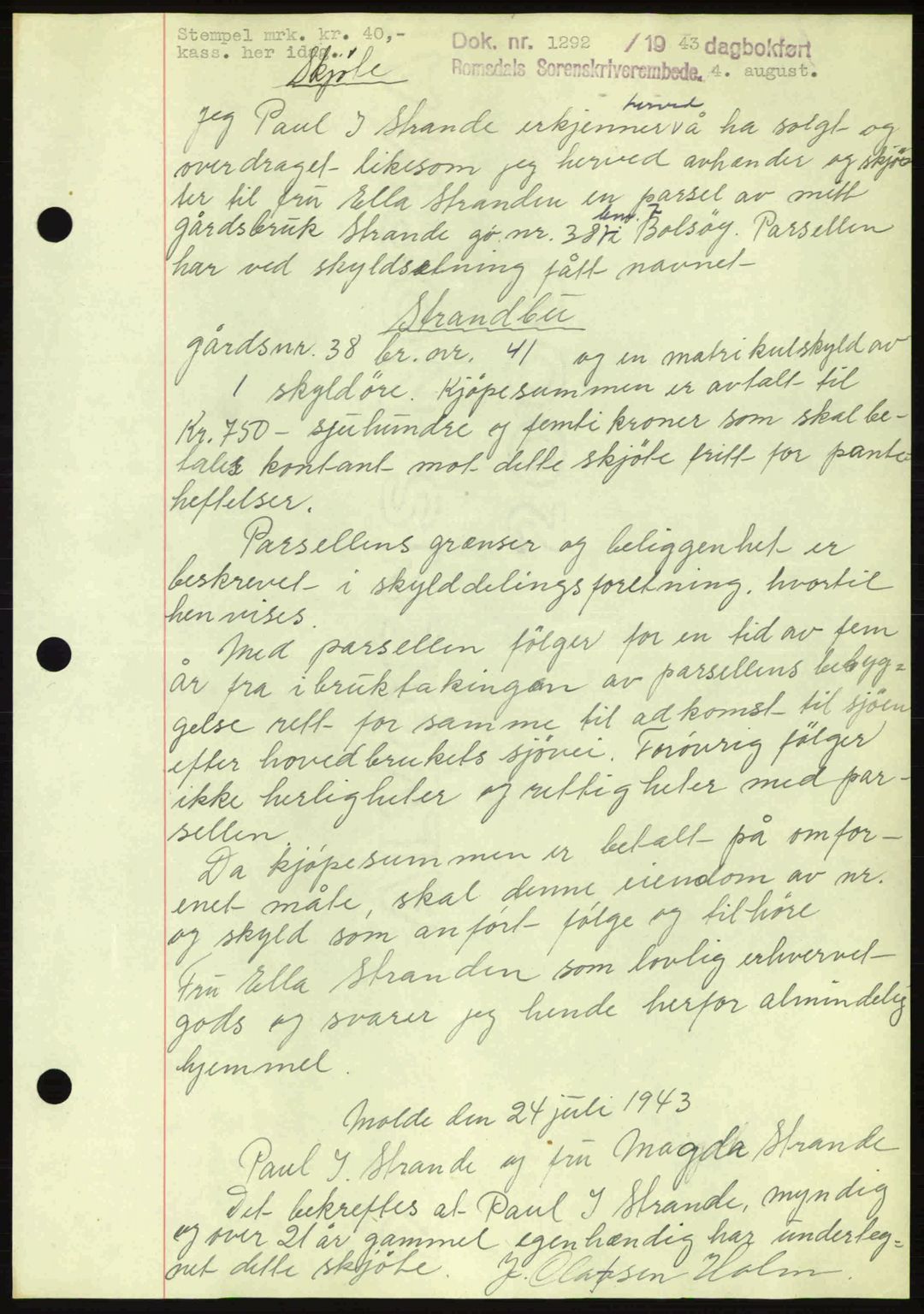 Romsdal sorenskriveri, AV/SAT-A-4149/1/2/2C: Mortgage book no. A14, 1943-1943, Diary no: : 1292/1943