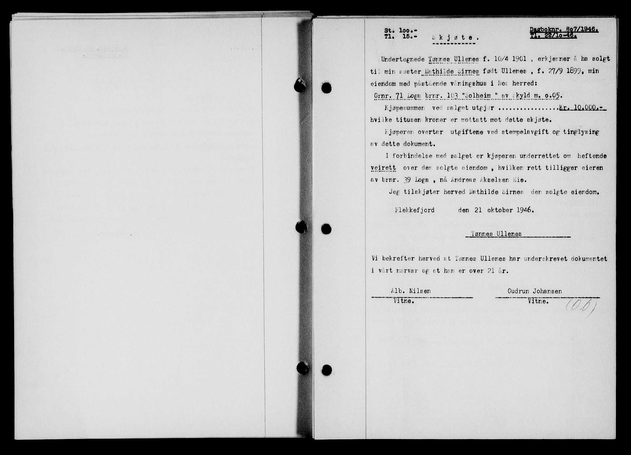 Flekkefjord sorenskriveri, AV/SAK-1221-0001/G/Gb/Gba/L0061: Mortgage book no. A-9, 1946-1947, Diary no: : 807/1946