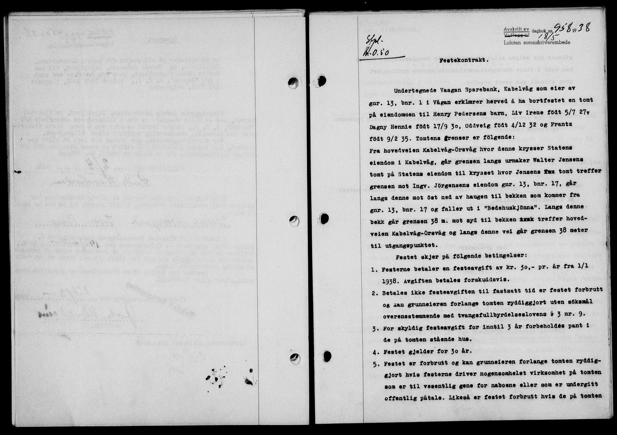 Lofoten sorenskriveri, SAT/A-0017/1/2/2C/L0004a: Mortgage book no. 4a, 1938-1938, Diary no: : 958/1938