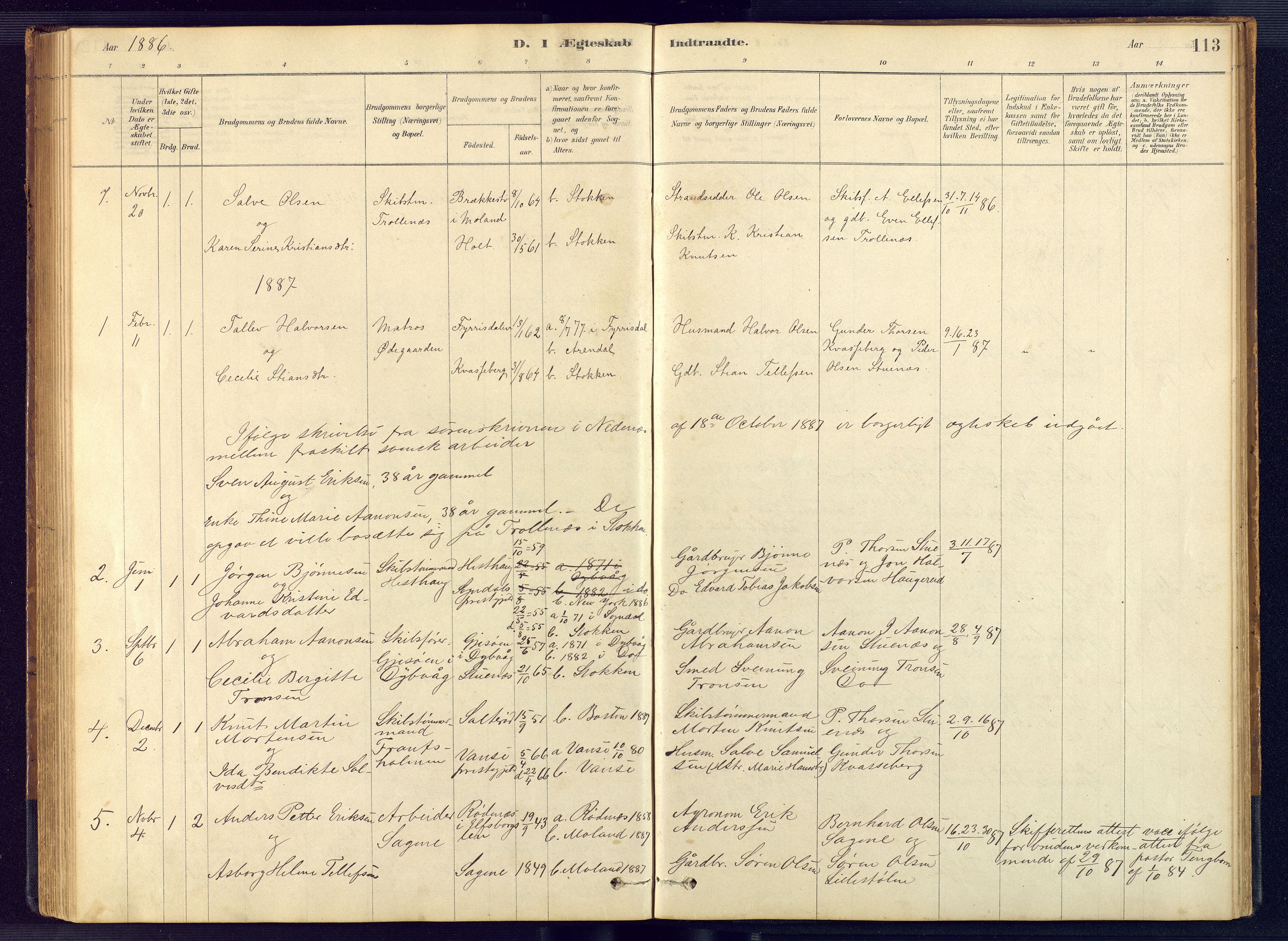 Austre Moland sokneprestkontor, SAK/1111-0001/F/Fb/Fbb/L0001: Parish register (copy) no. B 1, 1878-1904, p. 113