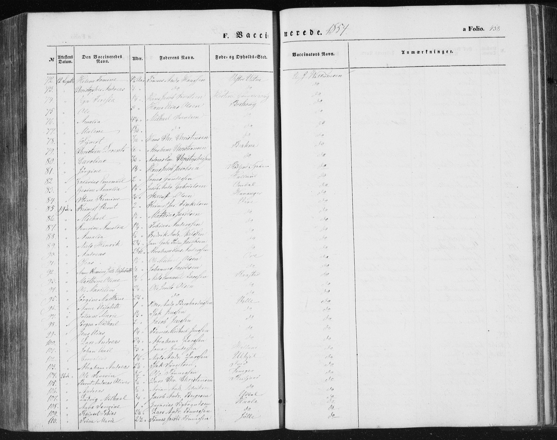 Lista sokneprestkontor, SAK/1111-0027/F/Fa/L0010: Parish register (official) no. A 10, 1846-1861, p. 458