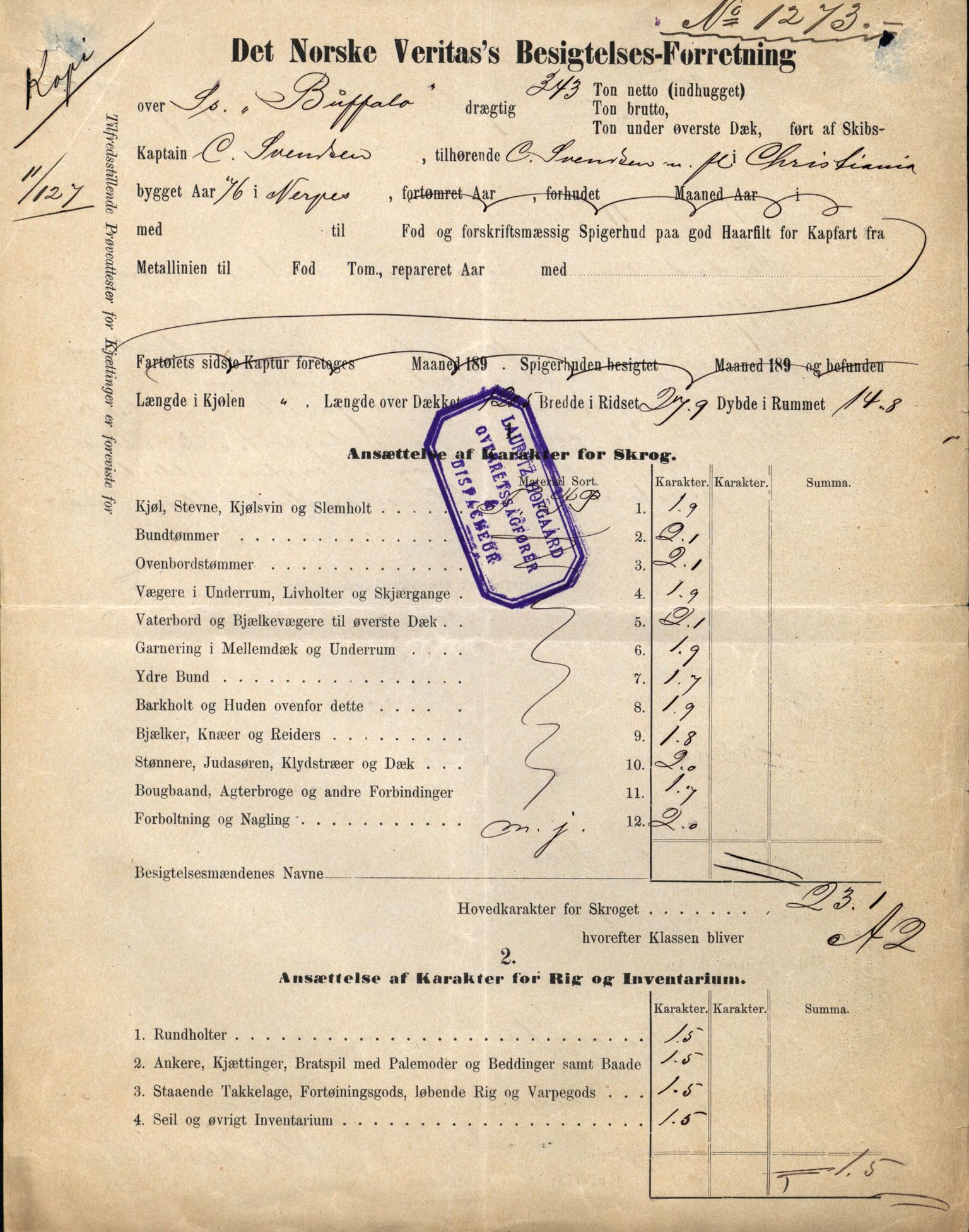 Pa 63 - Østlandske skibsassuranceforening, VEMU/A-1079/G/Ga/L0029/0009: Havaridokumenter / Anette, Agathe, Agra, Buffalo, 1893, p. 79