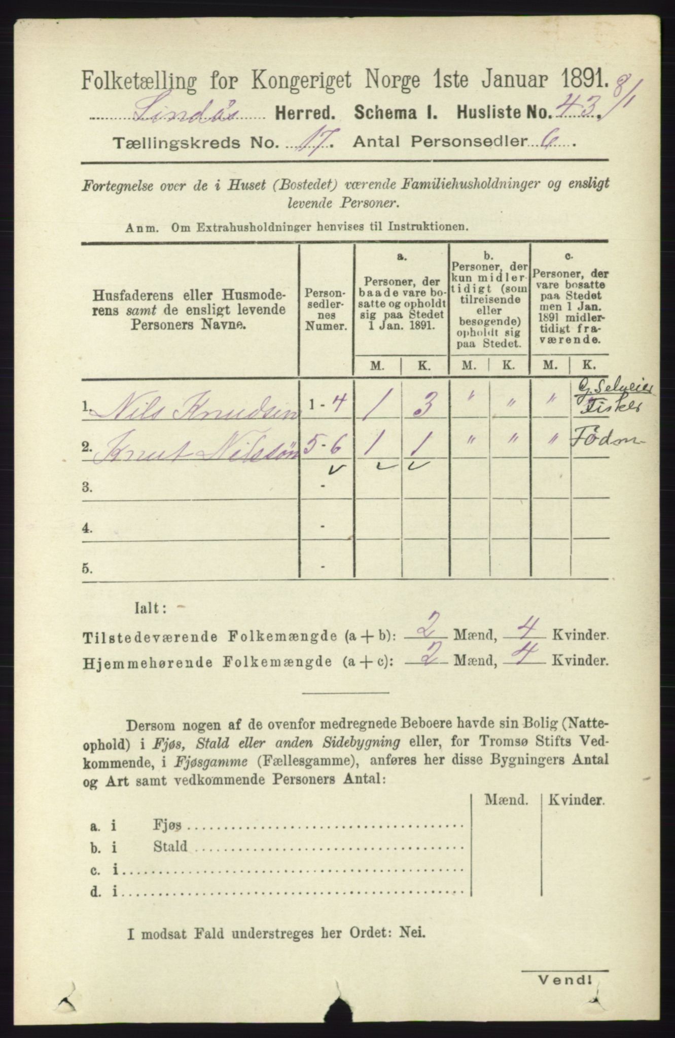 RA, 1891 census for 1263 Lindås, 1891, p. 6125