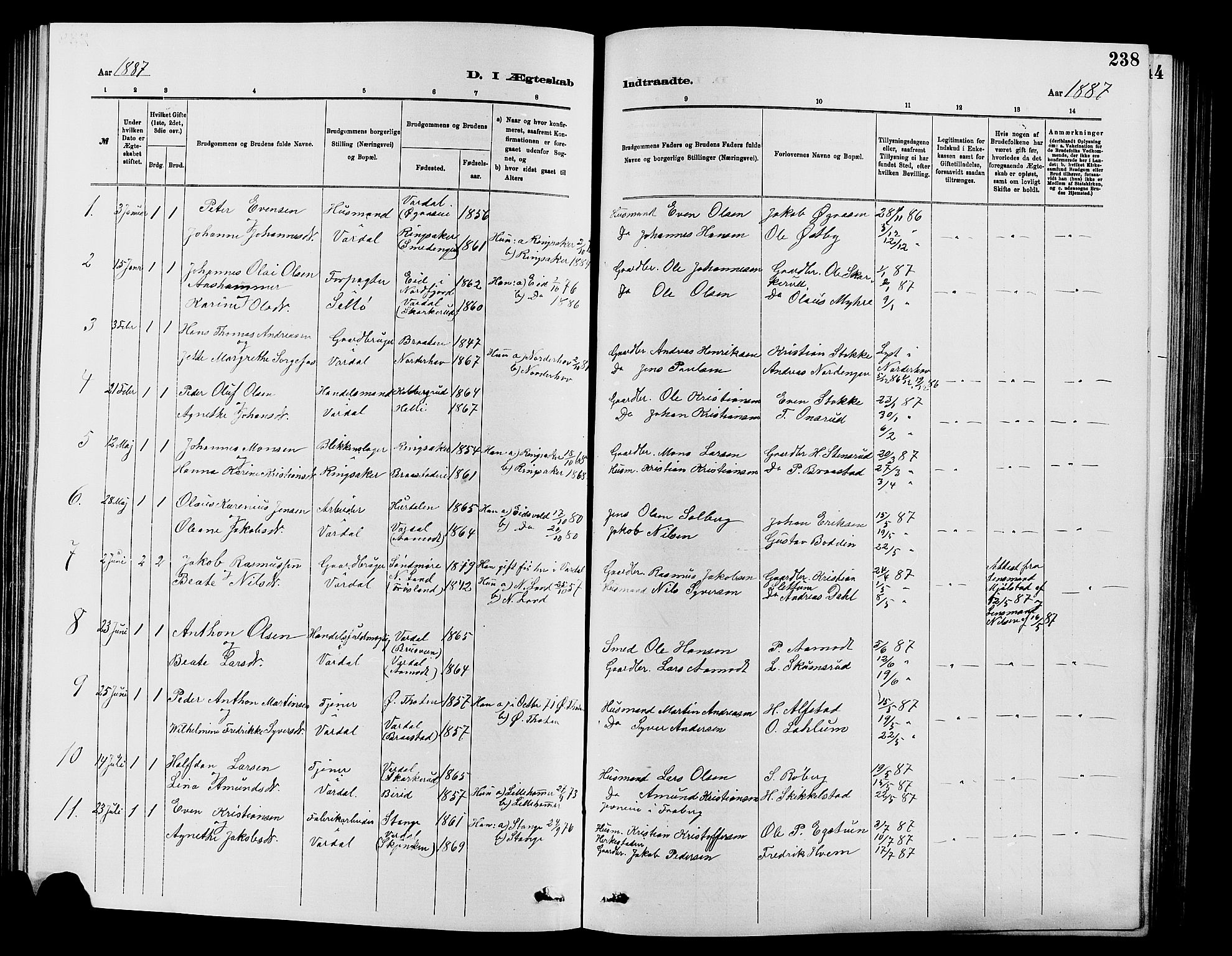 Vardal prestekontor, SAH/PREST-100/H/Ha/Hab/L0007: Parish register (copy) no. 7 /1, 1881-1895, p. 238