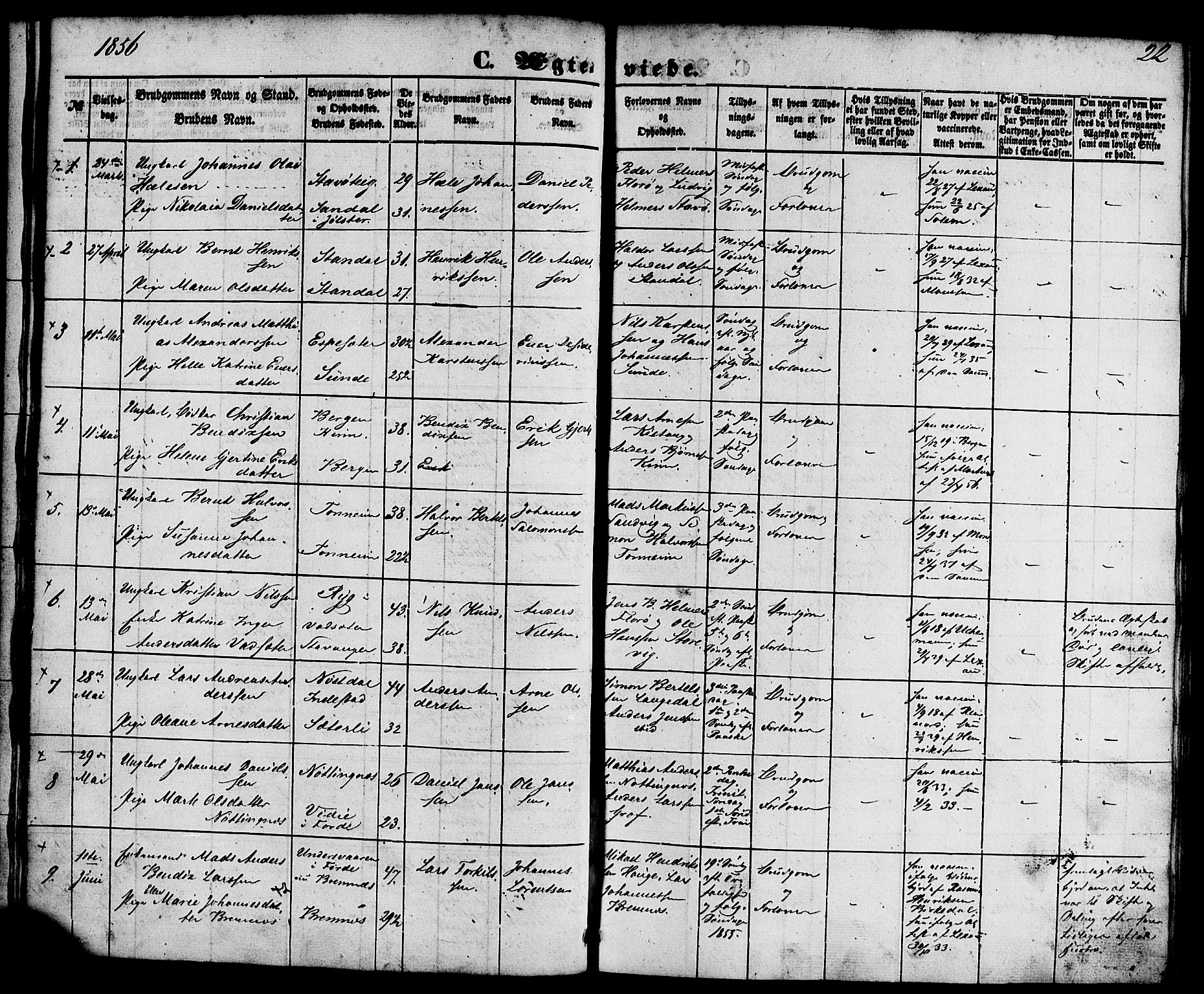 Kinn sokneprestembete, AV/SAB-A-80801/H/Haa/Haaa/L0010: Parish register (official) no. A 10, 1852-1869, p. 22