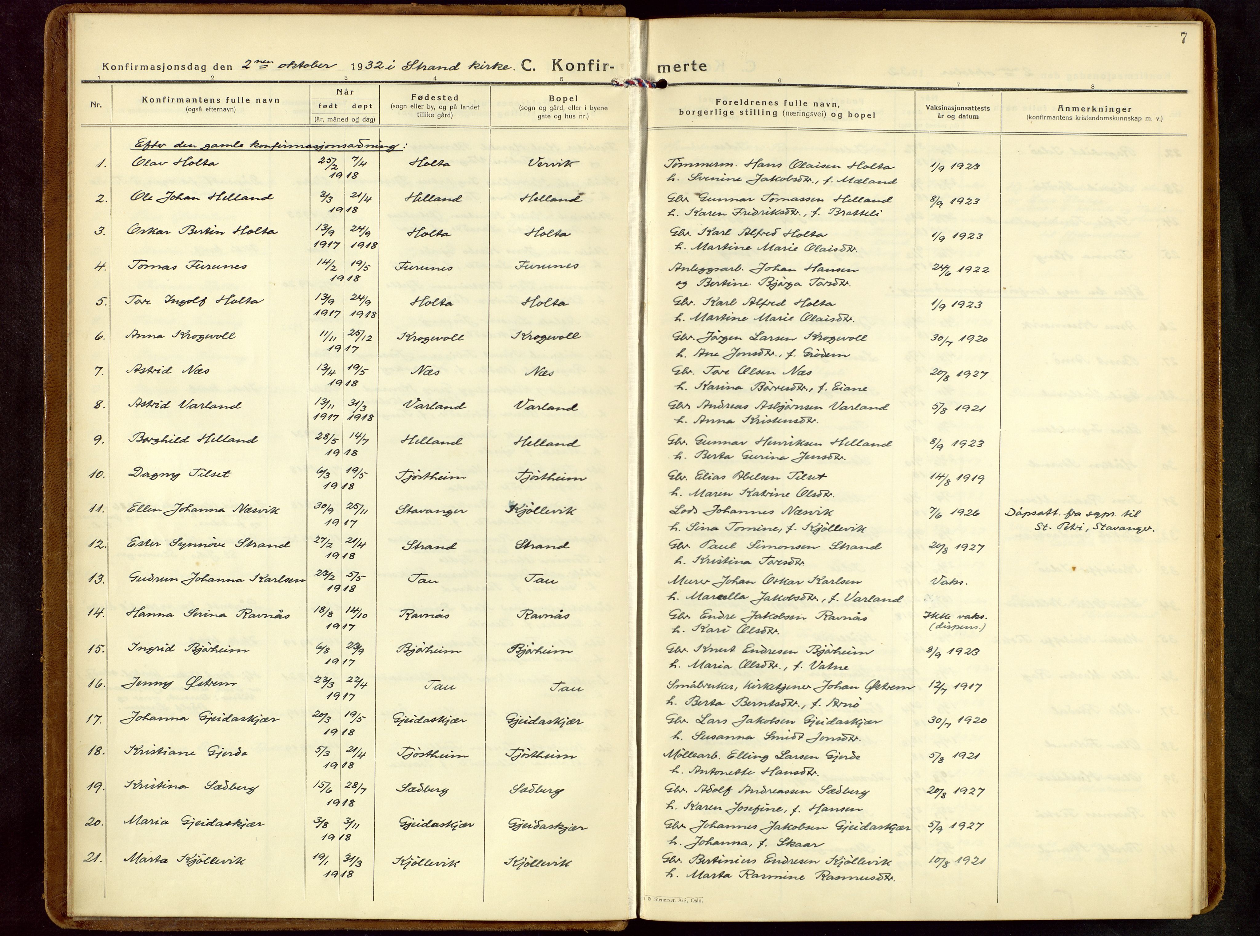 Strand sokneprestkontor, SAST/A-101828/H/Ha/Haa/L0013: Parish register (official) no. A 13, 1931-1961, p. 7