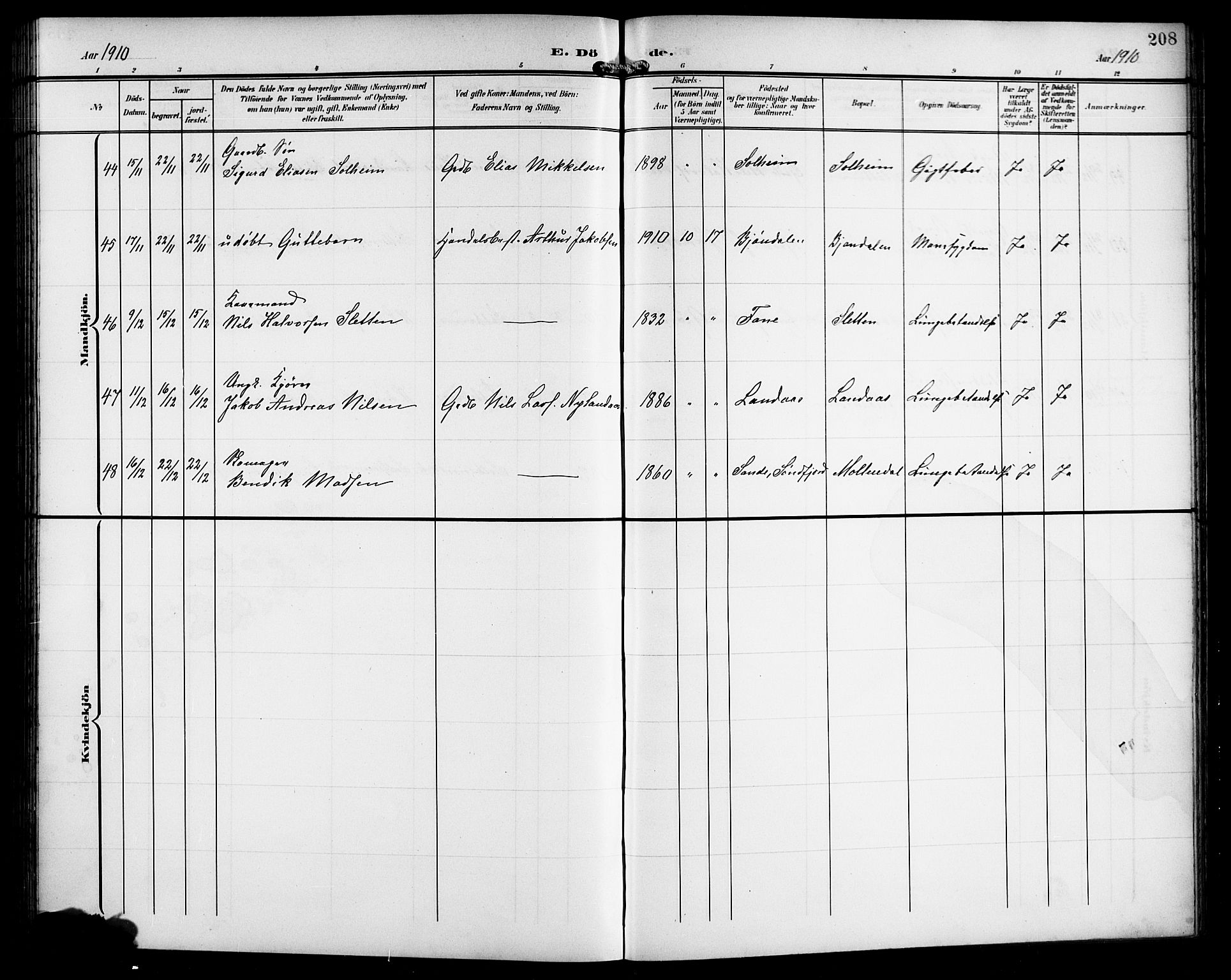 Årstad Sokneprestembete, AV/SAB-A-79301/H/Hab/L0018: Parish register (copy) no. C 1, 1902-1919, p. 208