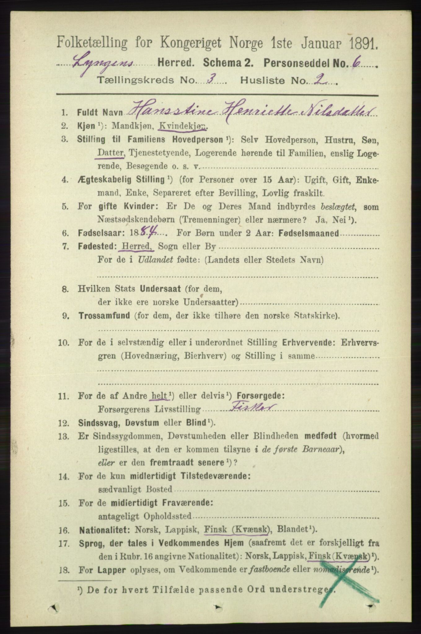 RA, 1891 census for 1938 Lyngen, 1891, p. 3147