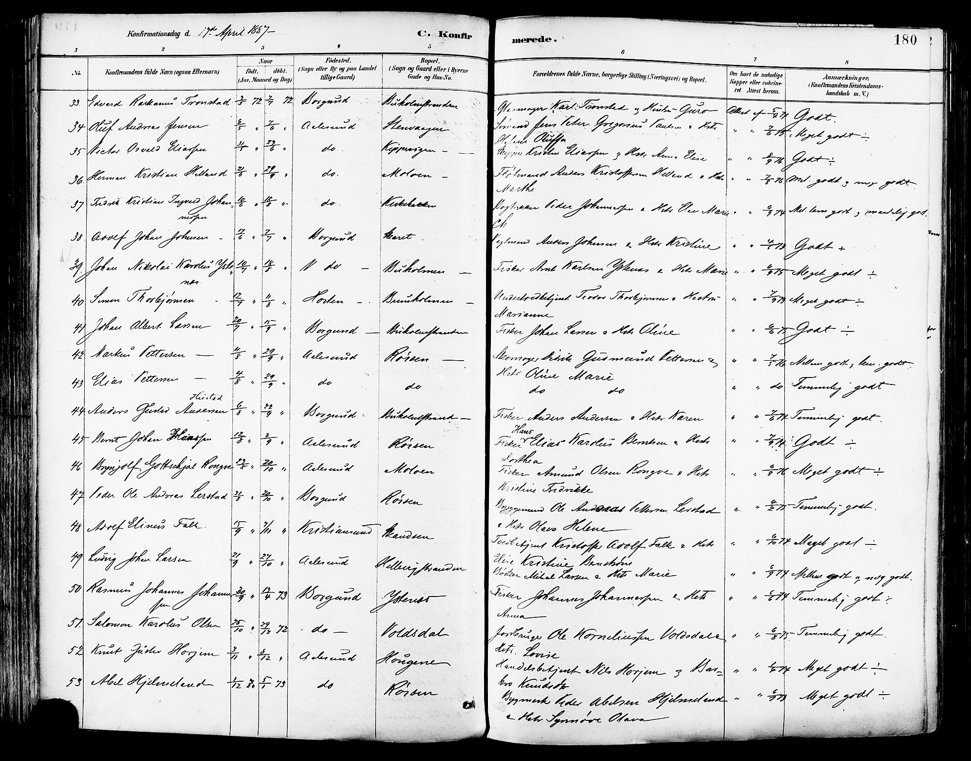 Ministerialprotokoller, klokkerbøker og fødselsregistre - Møre og Romsdal, AV/SAT-A-1454/529/L0455: Parish register (official) no. 529A05, 1885-1893, p. 180