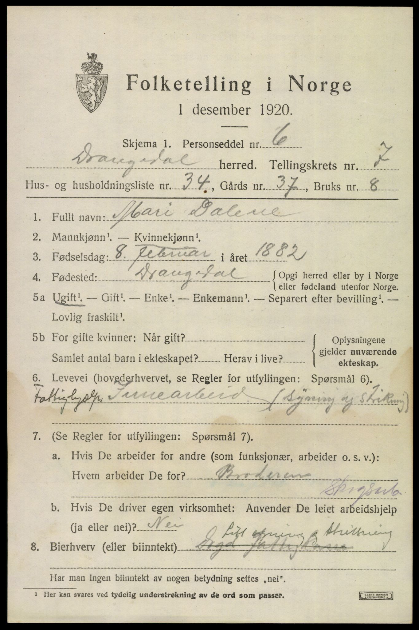 SAKO, 1920 census for Drangedal, 1920, p. 4927