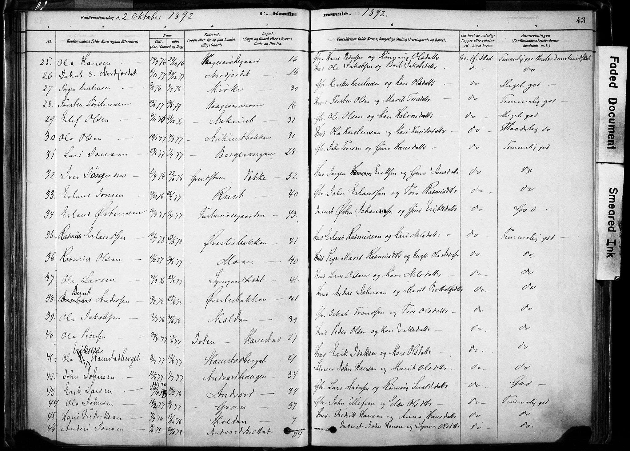 Lom prestekontor, SAH/PREST-070/K/L0009: Parish register (official) no. 9, 1878-1907, p. 43