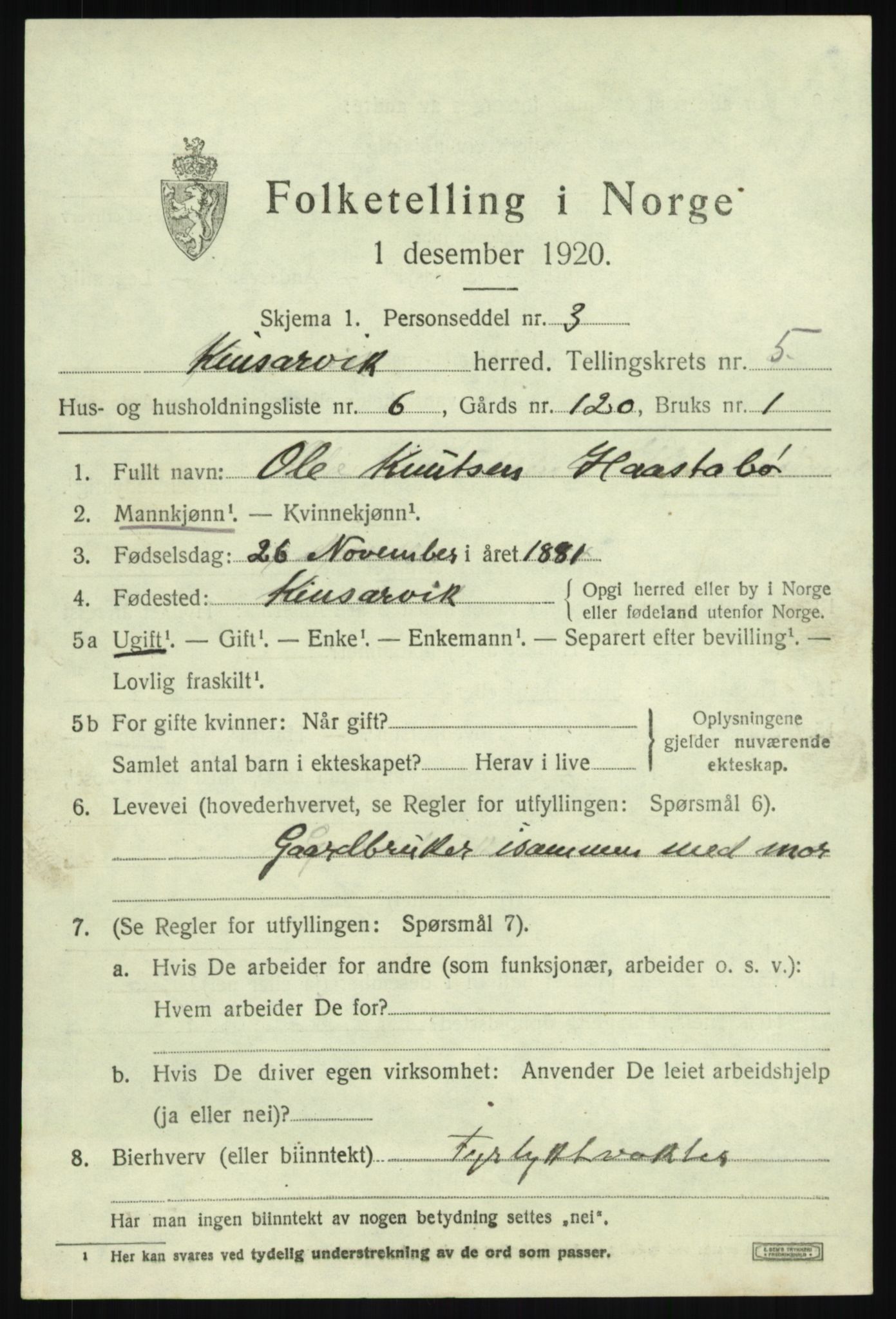 SAB, 1920 census for Kinsarvik, 1920, p. 2706