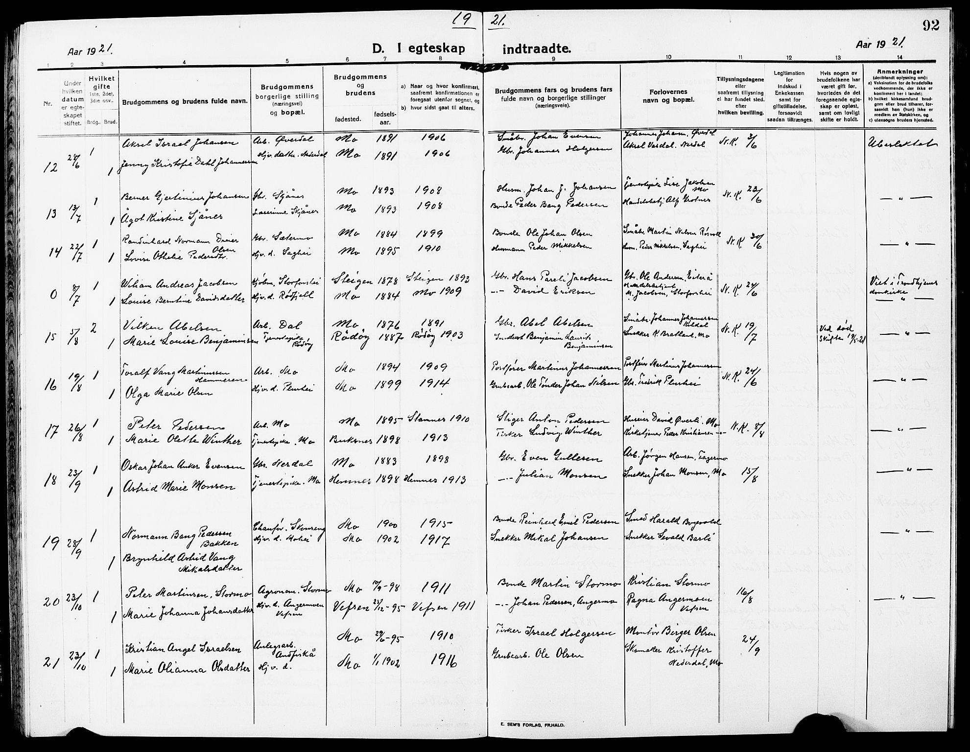 Ministerialprotokoller, klokkerbøker og fødselsregistre - Nordland, AV/SAT-A-1459/827/L0424: Parish register (copy) no. 827C13, 1921-1930, p. 92