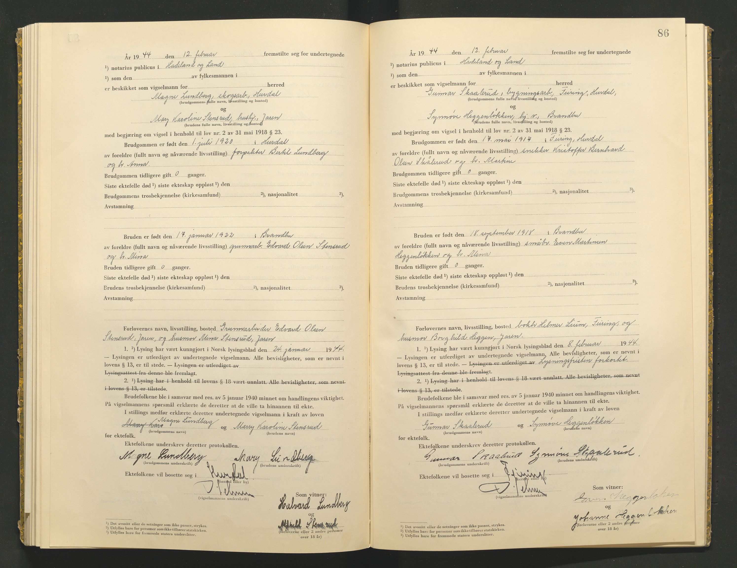 Hadeland og Land tingrett, AV/SAH-TING-010/L/Lb/L0002: Vigselbok, 1943-1944, p. 86