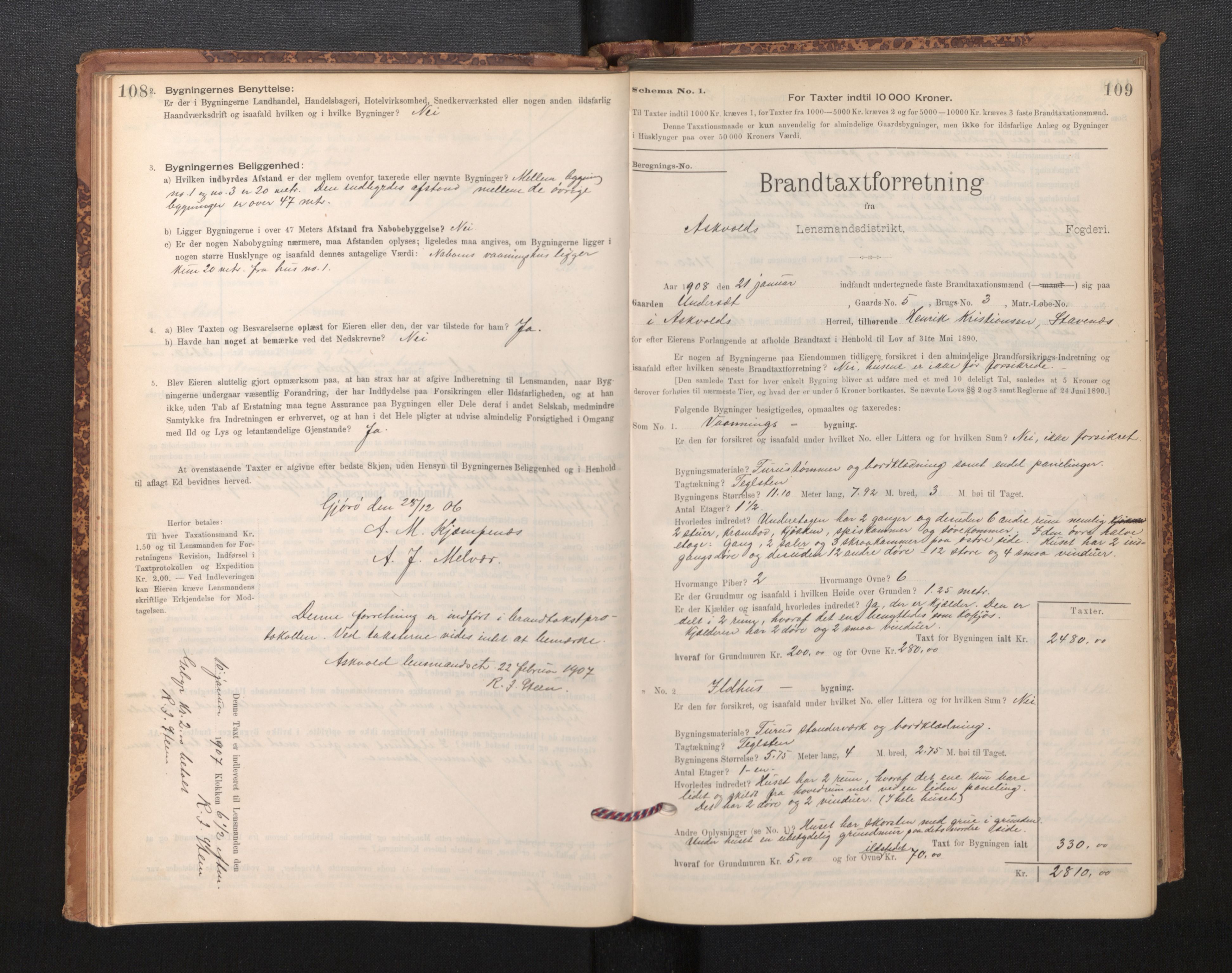 Lensmannen i Askvoll, SAB/A-26301/0012/L0004: Branntakstprotokoll, skjematakst og liste over branntakstmenn, 1895-1932, p. 108-109