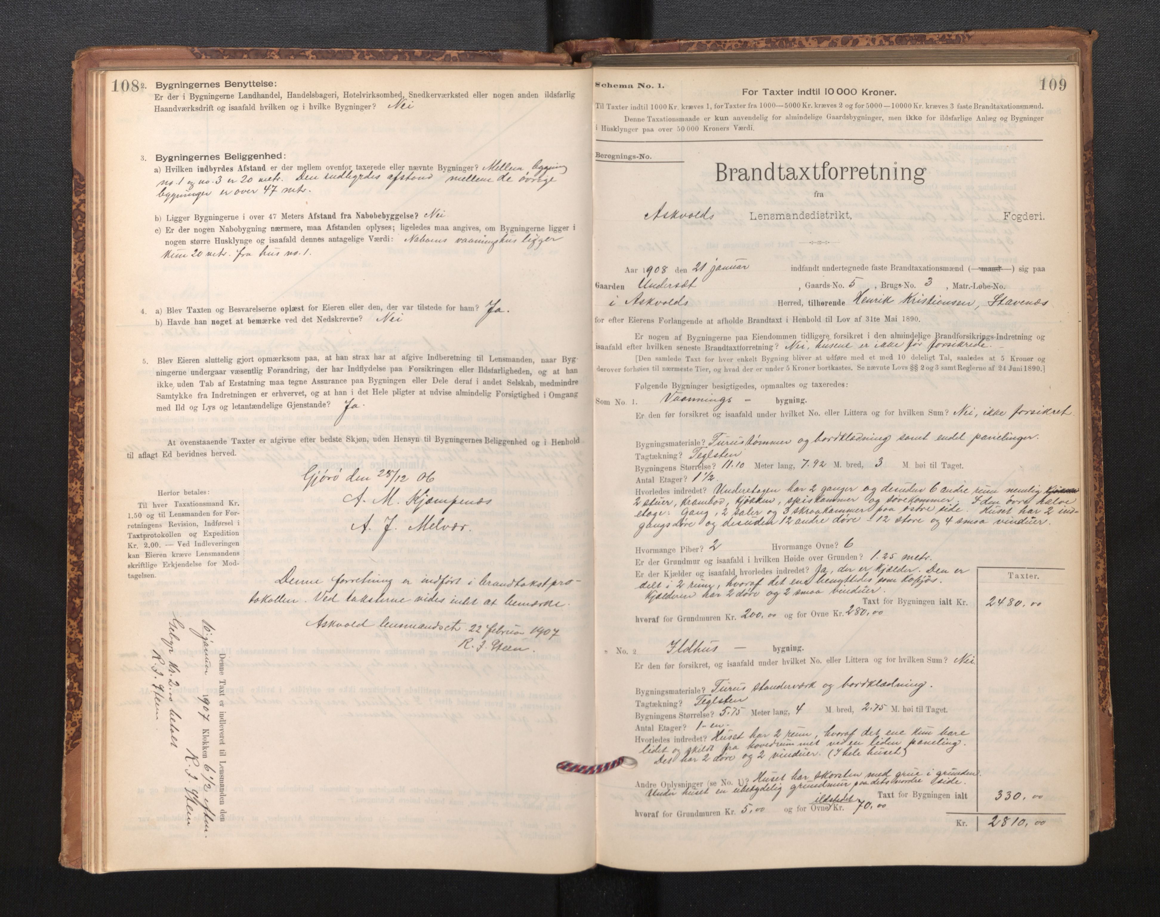 Lensmannen i Askvoll, AV/SAB-A-26301/0012/L0004: Branntakstprotokoll, skjematakst og liste over branntakstmenn, 1895-1932, p. 108-109