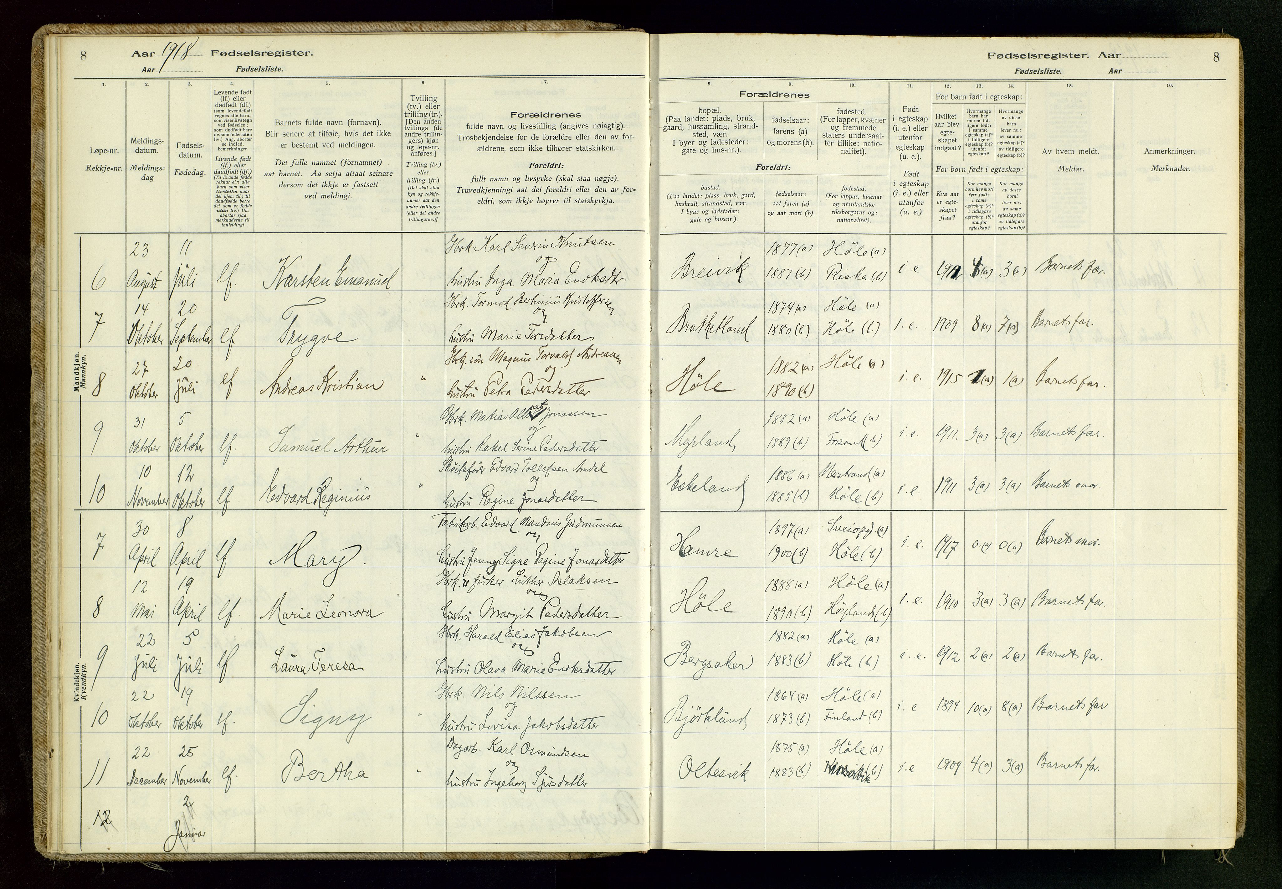 Høgsfjord sokneprestkontor, SAST/A-101624/I/Id/L0001: Birth register no. 1, 1916-1982, p. 8