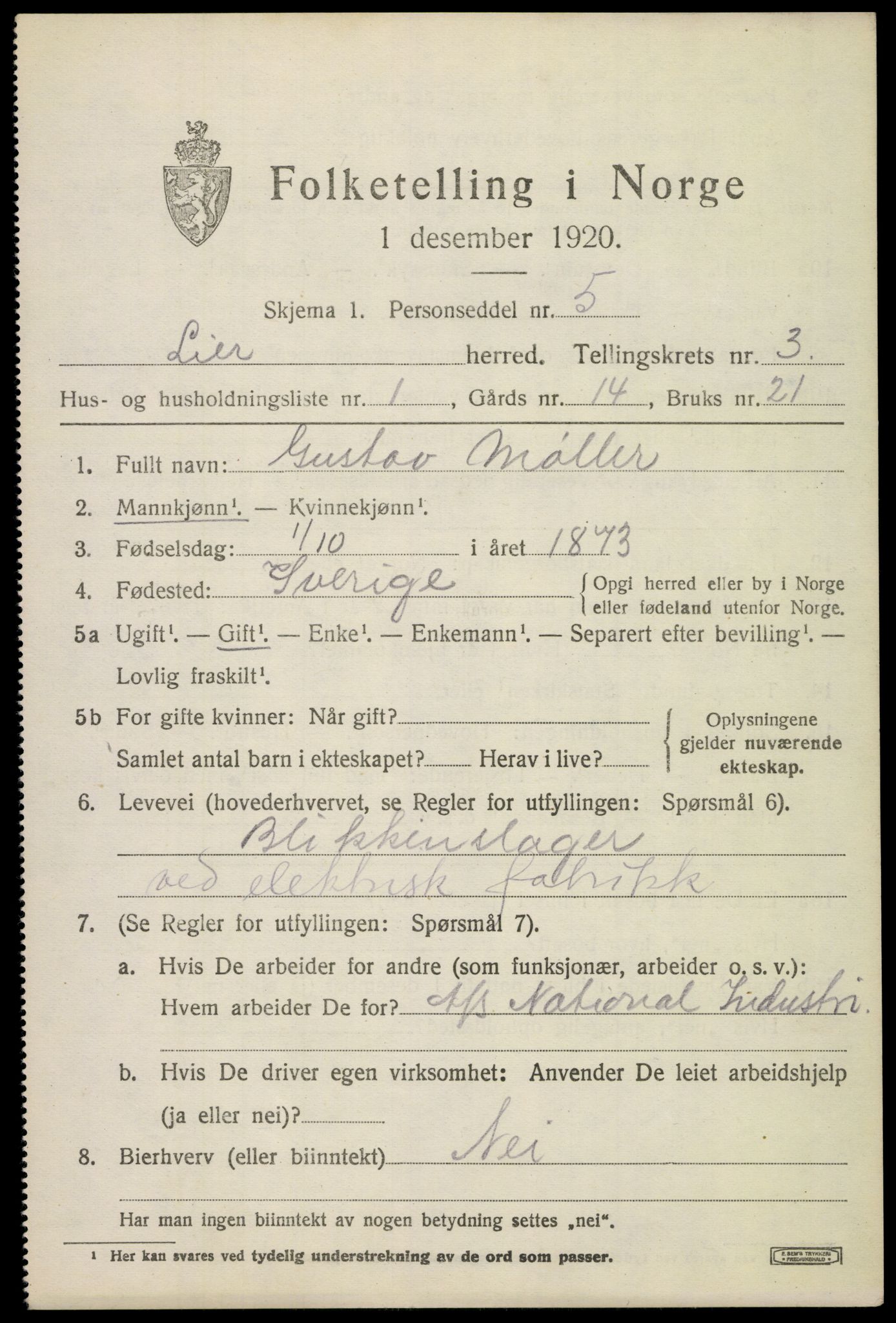 SAKO, 1920 census for Lier, 1920, p. 5424