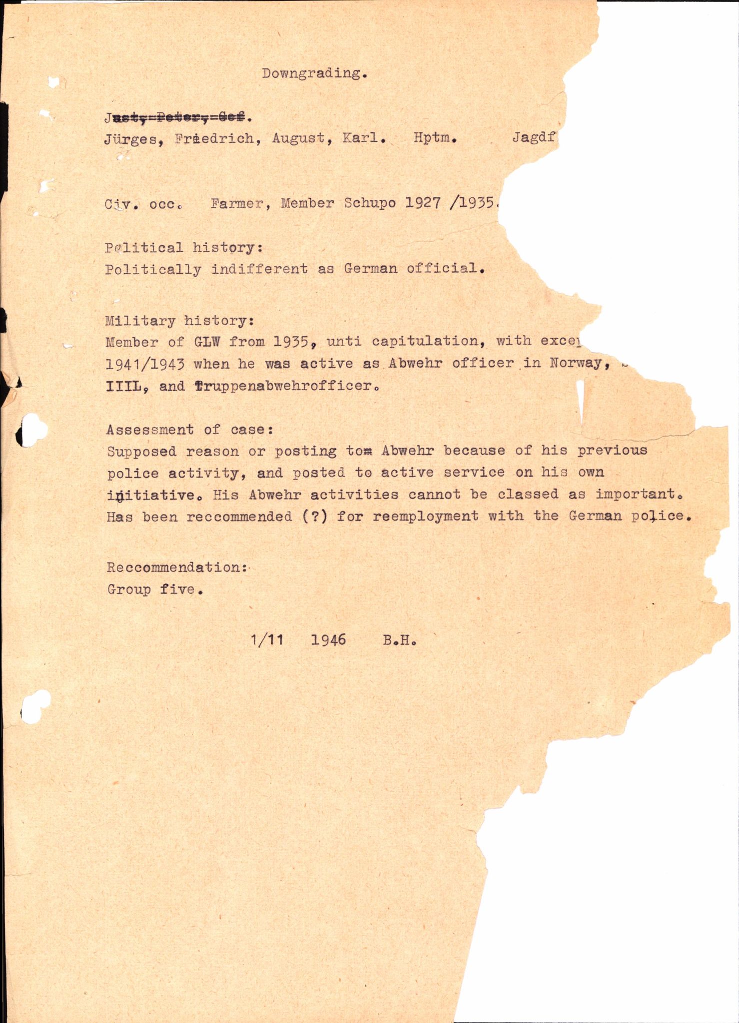 Forsvaret, Forsvarets overkommando II, AV/RA-RAFA-3915/D/Db/L0015: CI Questionaires. Tyske okkupasjonsstyrker i Norge. Tyskere., 1945-1946, p. 255