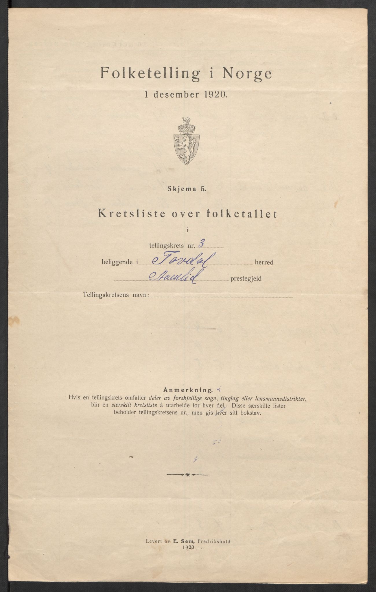 SAK, 1920 census for Tovdal, 1920, p. 12