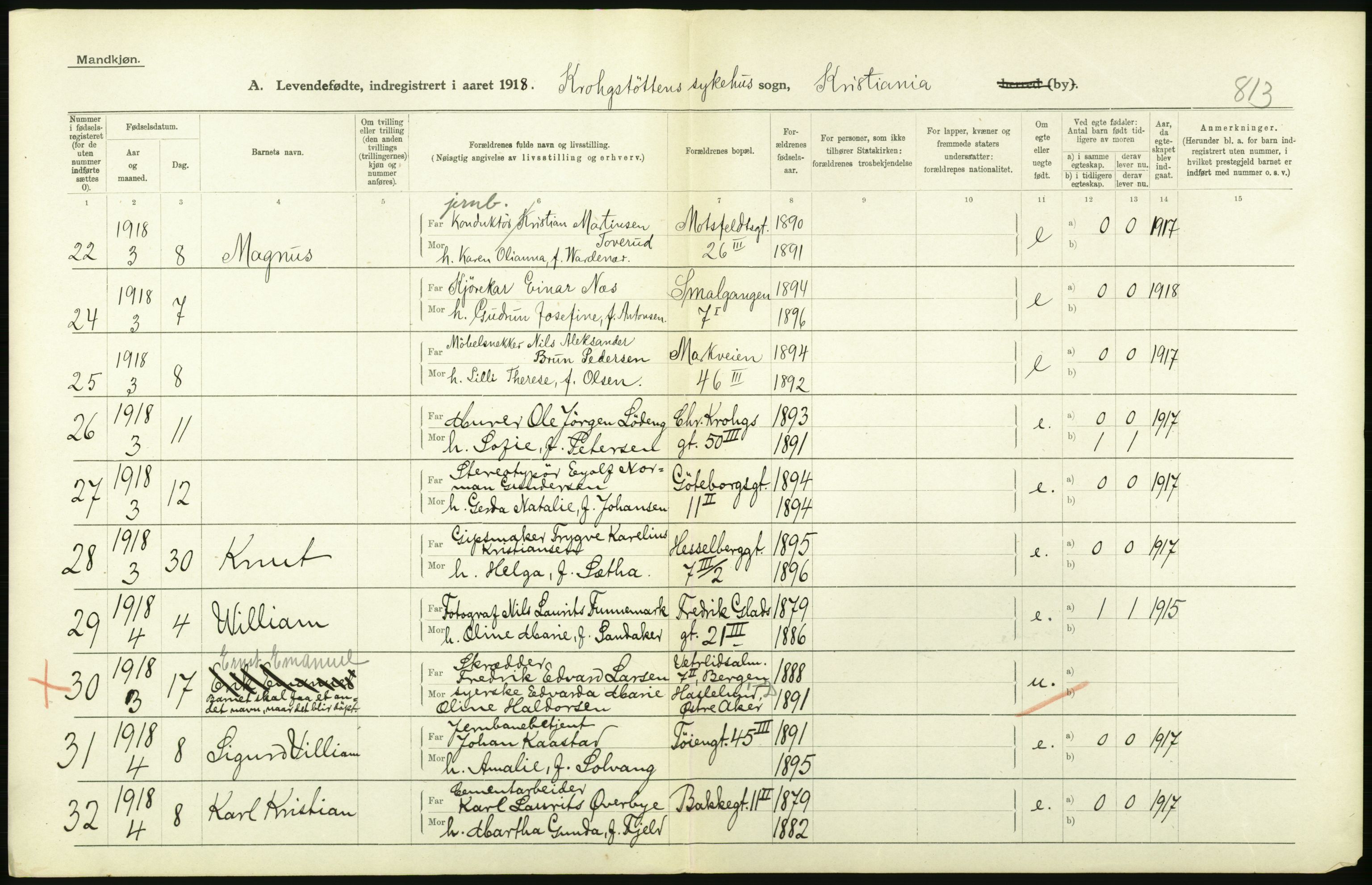 Statistisk sentralbyrå, Sosiodemografiske emner, Befolkning, AV/RA-S-2228/D/Df/Dfb/Dfbh/L0008: Kristiania: Levendefødte menn og kvinner., 1918, p. 238