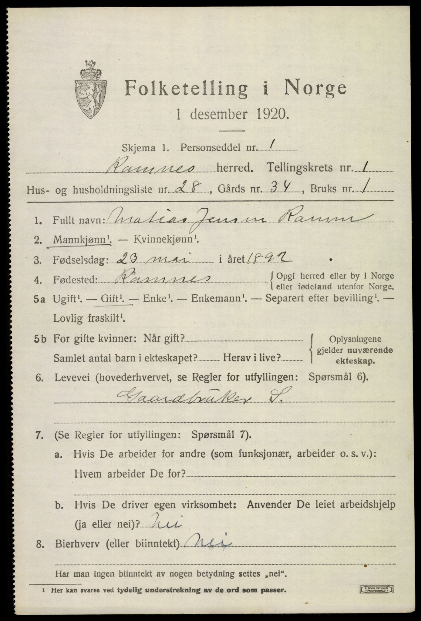 SAKO, 1920 census for Ramnes, 1920, p. 1484
