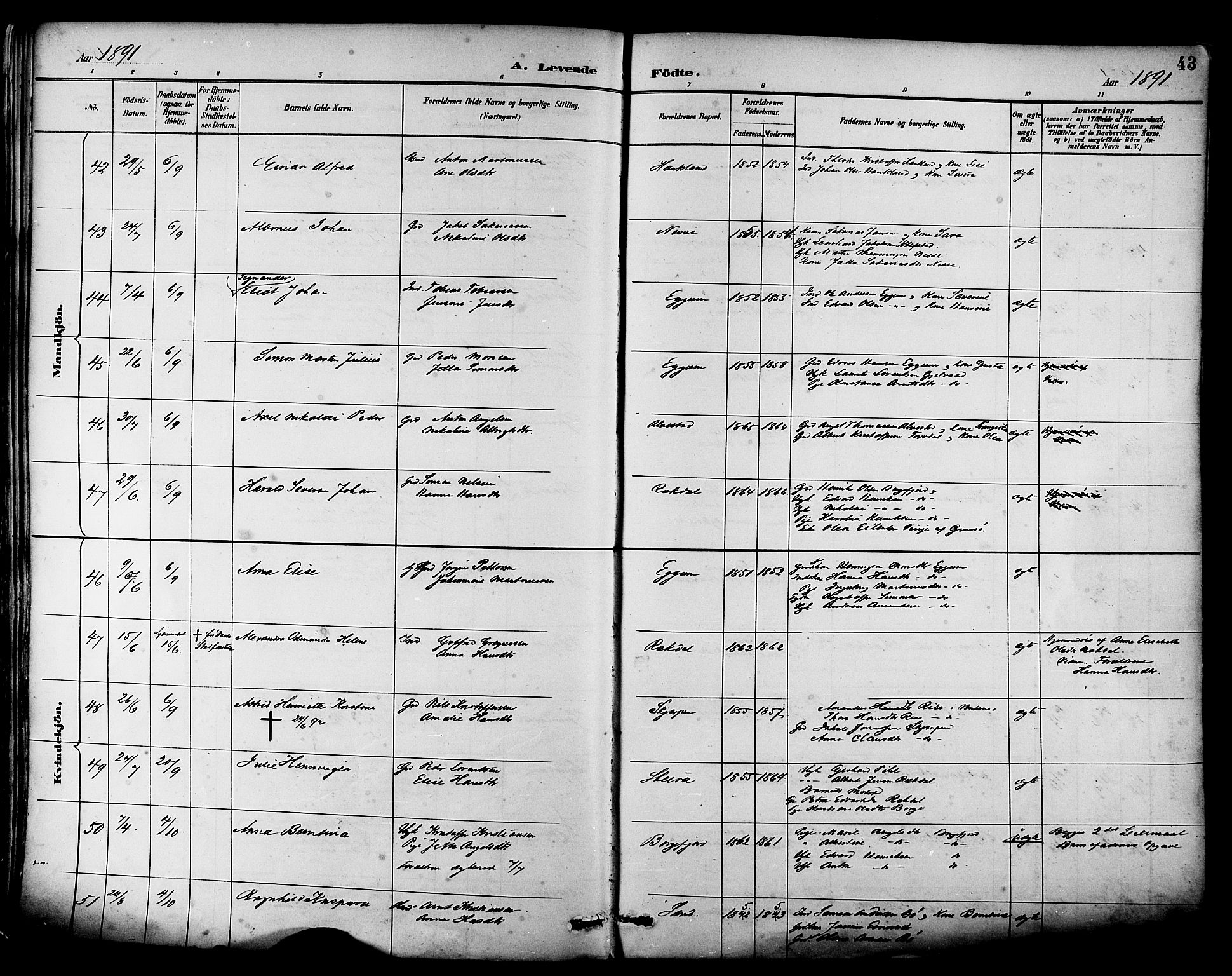 Ministerialprotokoller, klokkerbøker og fødselsregistre - Nordland, AV/SAT-A-1459/880/L1133: Parish register (official) no. 880A07, 1888-1898, p. 43