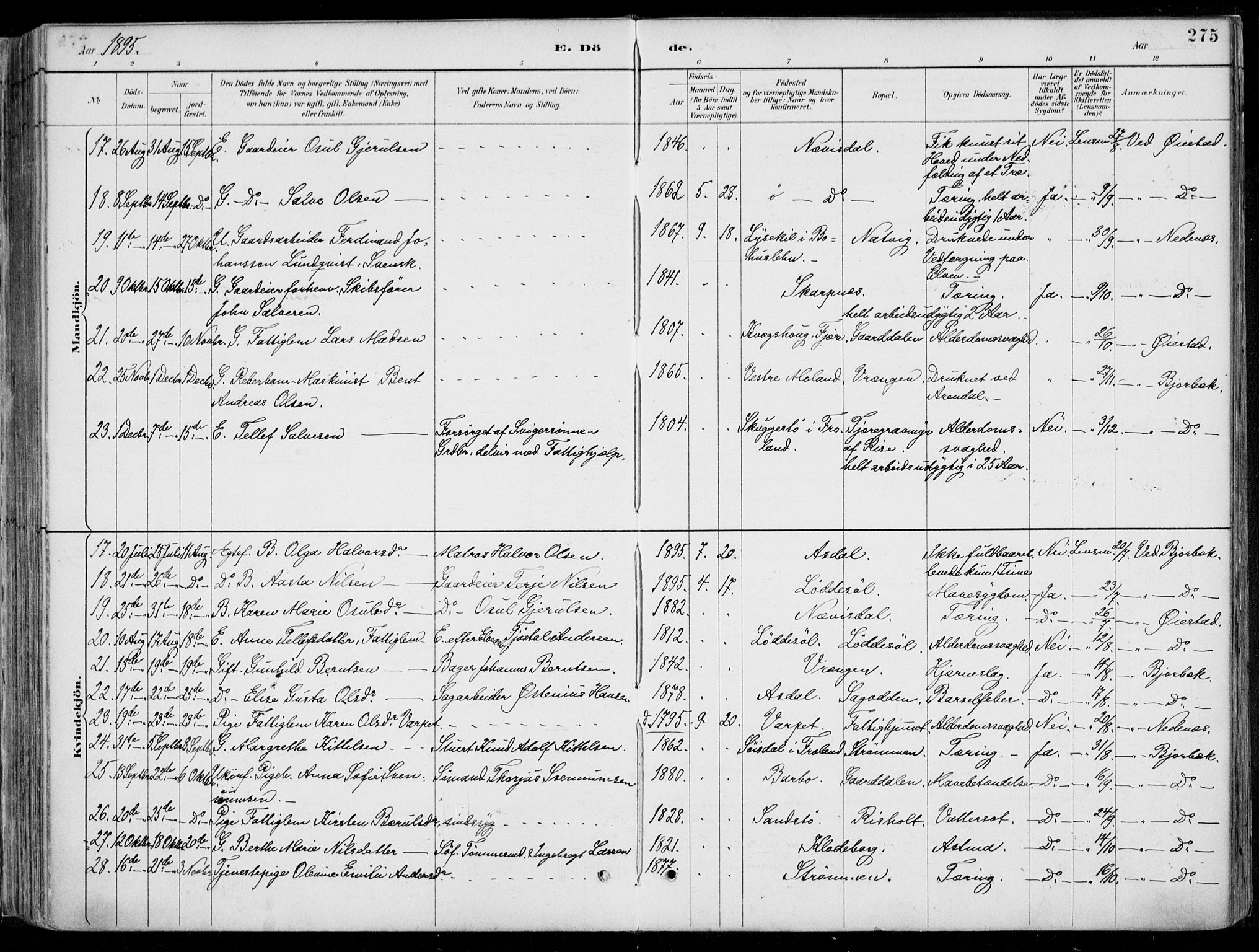 Øyestad sokneprestkontor, AV/SAK-1111-0049/F/Fa/L0017: Parish register (official) no. A 17, 1887-1896, p. 275