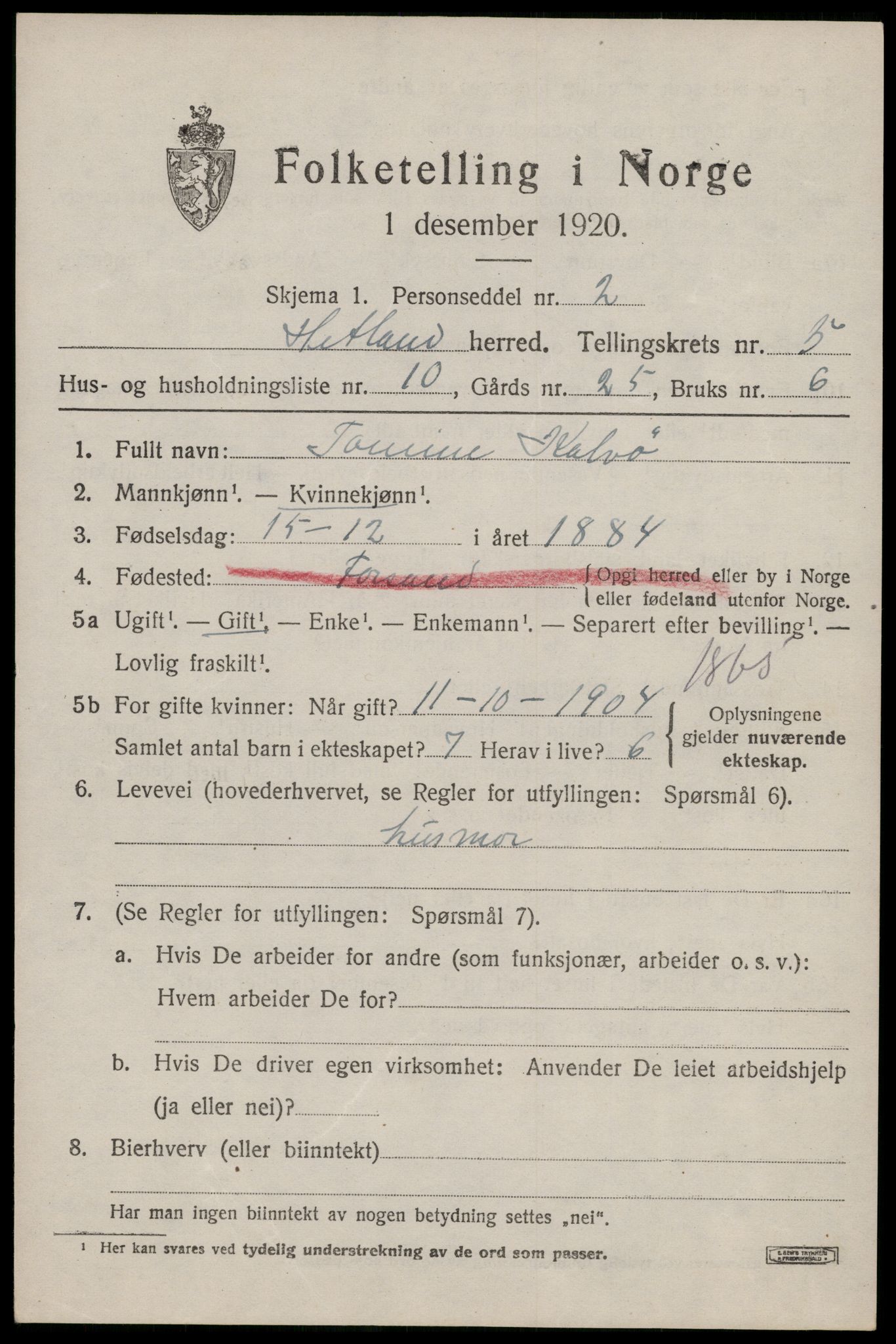 SAST, 1920 census for Hetland, 1920, p. 8491