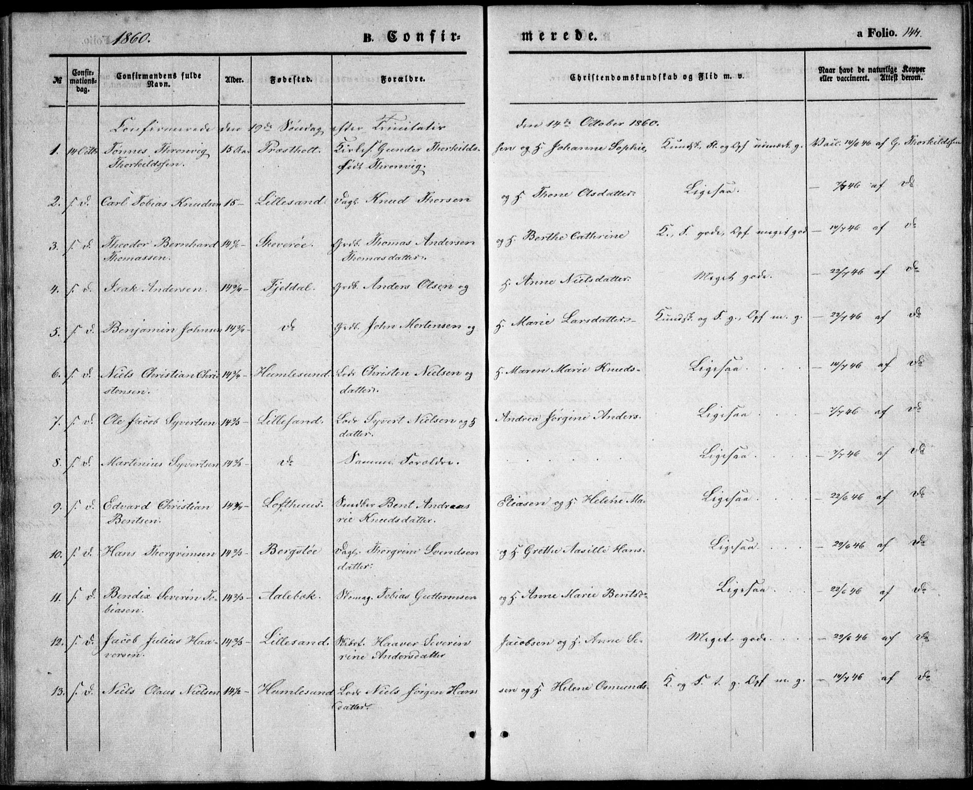 Vestre Moland sokneprestkontor, AV/SAK-1111-0046/F/Fb/Fbb/L0003: Parish register (copy) no. B 3, 1851-1861, p. 144