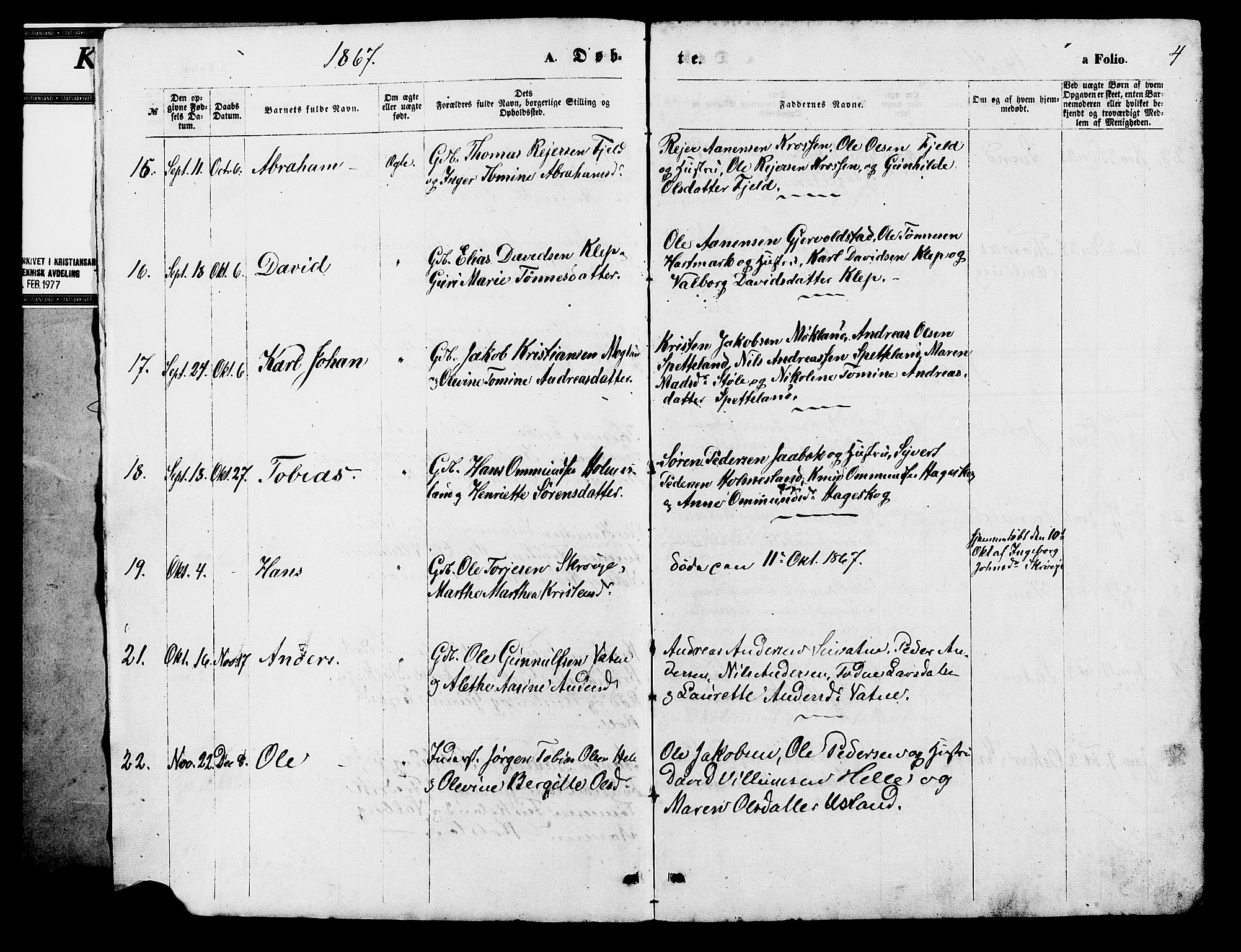 Holum sokneprestkontor, SAK/1111-0022/F/Fb/Fba/L0004: Parish register (copy) no. B 4, 1867-1890, p. 4