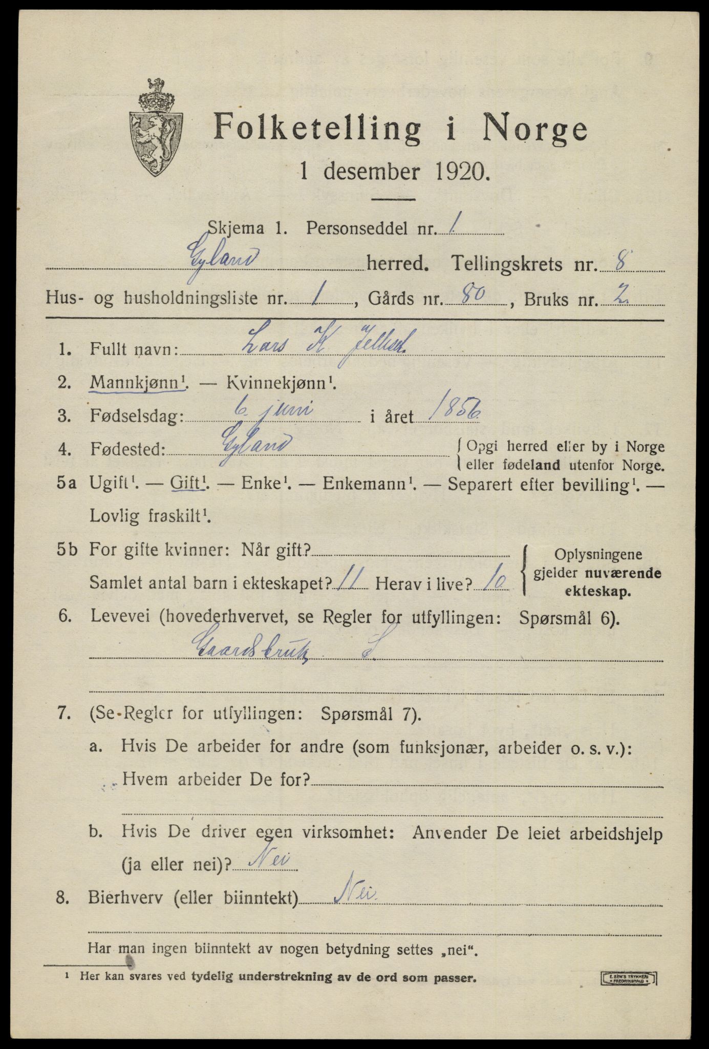 SAK, 1920 census for Gyland, 1920, p. 1636