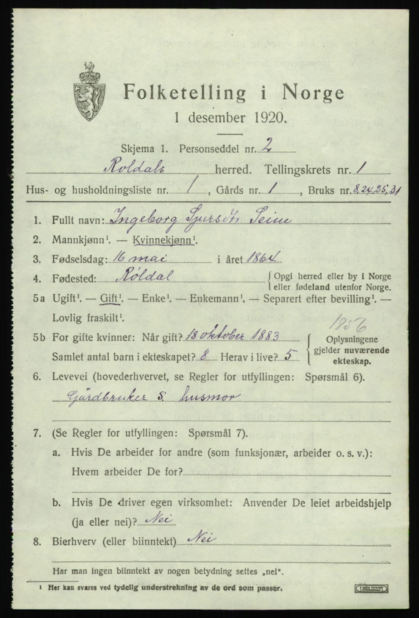 SAB, 1920 census for Røldal, 1920, p. 333