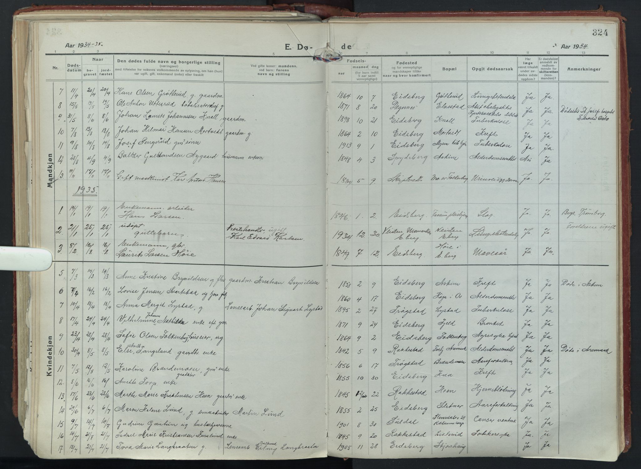 Eidsberg prestekontor Kirkebøker, SAO/A-10905/F/Fa/L0015: Parish register (official) no. I 15, 1920-1937, p. 324