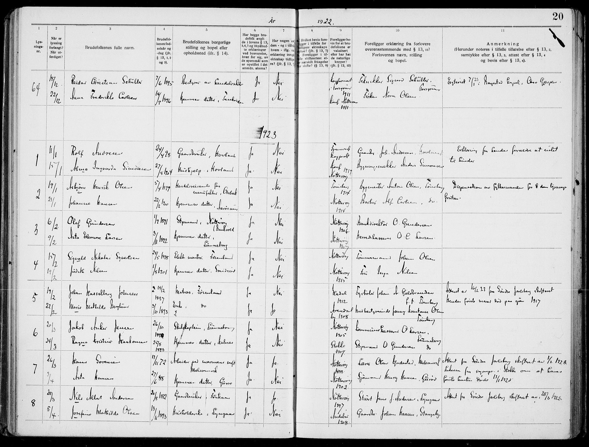 Nøtterøy kirkebøker, AV/SAKO-A-354/H/Ha/L0001: Banns register no. 1, 1919-1937, p. 20