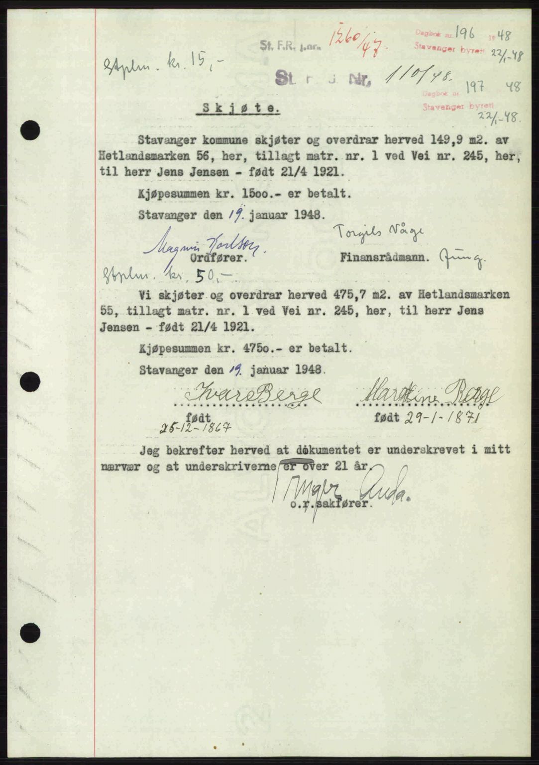 Stavanger byrett, SAST/A-100455/002/G/Gb/L0022: Mortgage book no. A11, 1947-1948, Diary no: : 196/1948