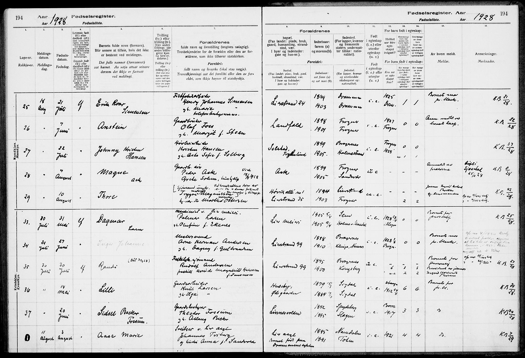 Lier kirkebøker, AV/SAKO-A-230/J/Ja/L0001: Birth register no. 1, 1916-1928, p. 194