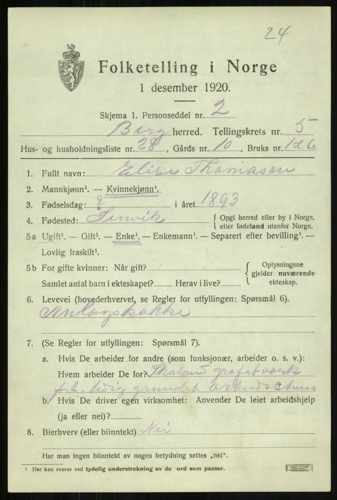 SATØ, 1920 census for Berg, 1920, p. 2043