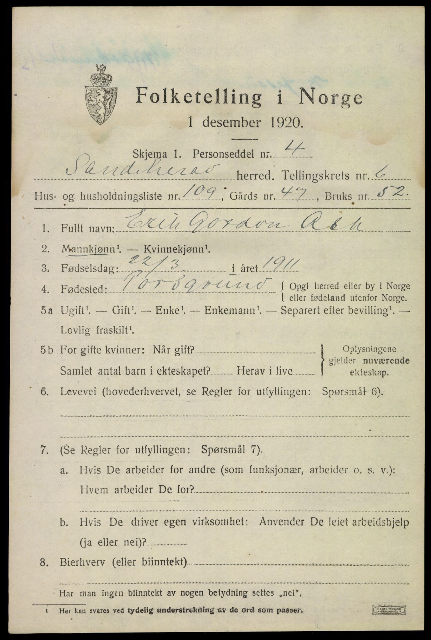 SAKO, 1920 census for Sandeherred, 1920, p. 11066