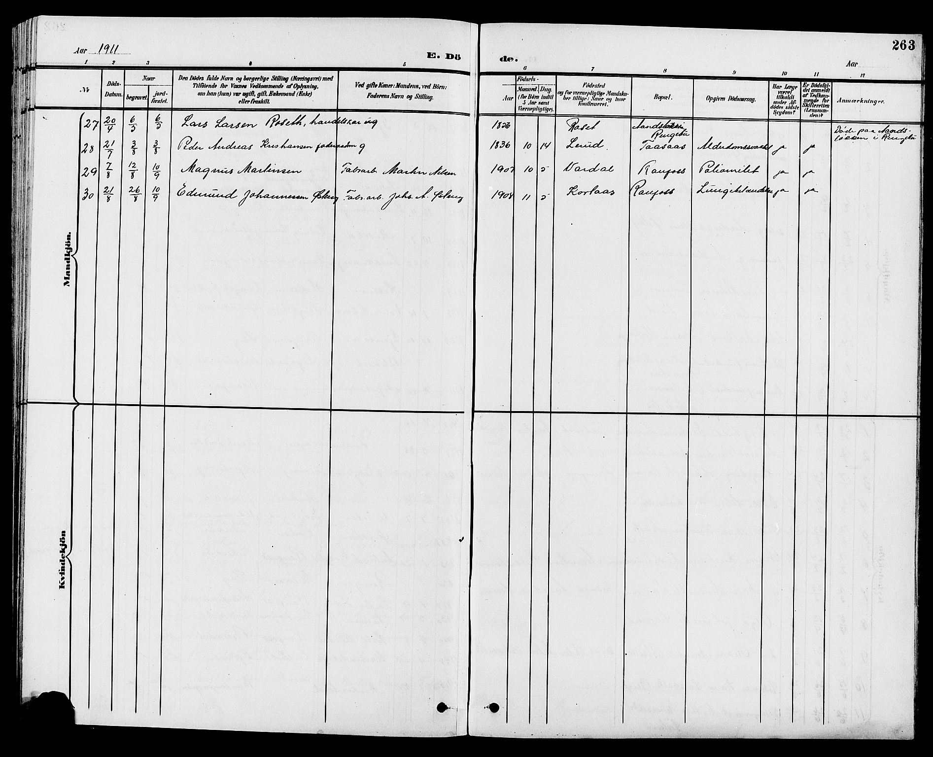 Vestre Toten prestekontor, SAH/PREST-108/H/Ha/Hab/L0010: Parish register (copy) no. 10, 1900-1912, p. 263