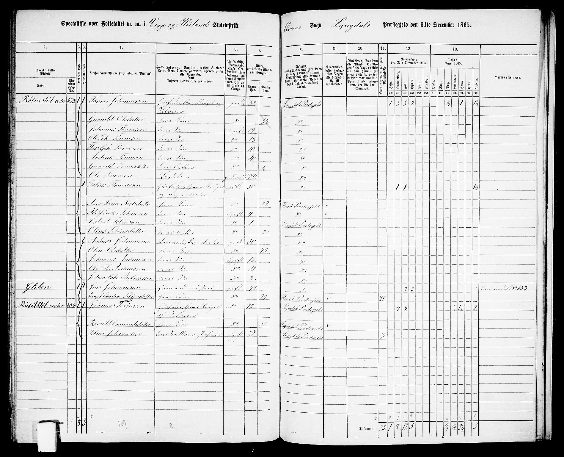 RA, 1865 census for Lyngdal, 1865, p. 233