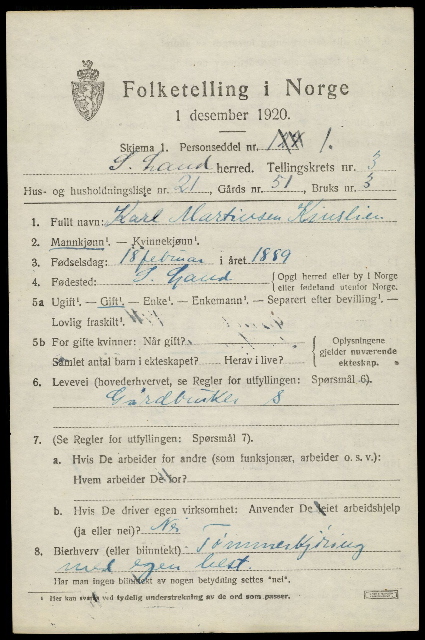 SAH, 1920 census for Søndre Land, 1920, p. 4521